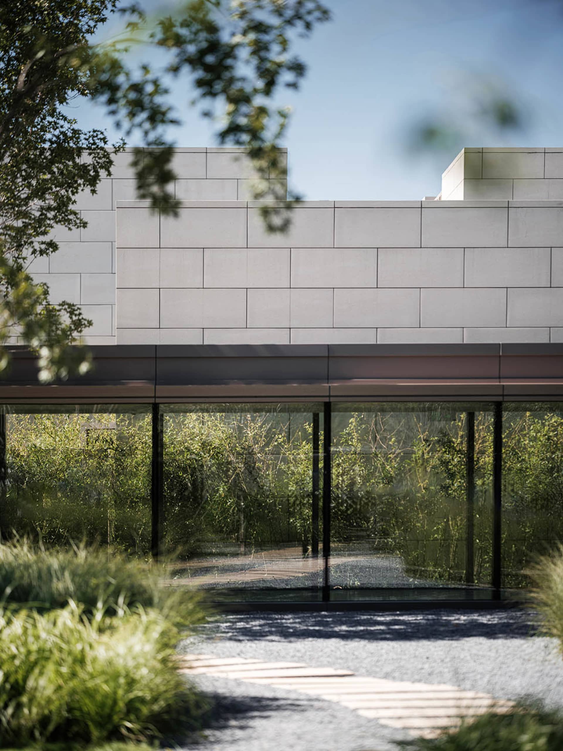 Minimalist architectural building with a glass facade