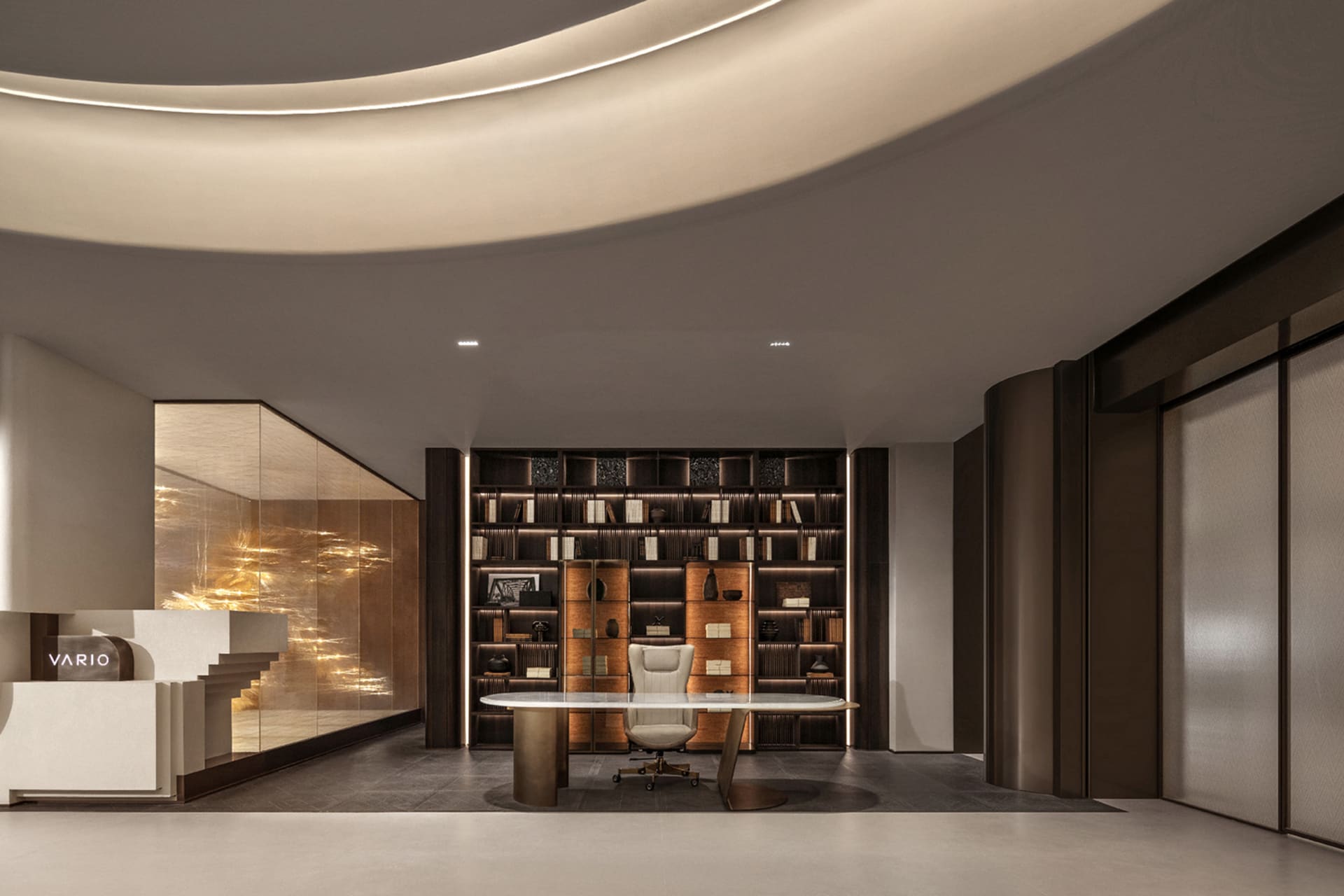 An industrial-style office lounge featuring metal, wood, and glass materials.