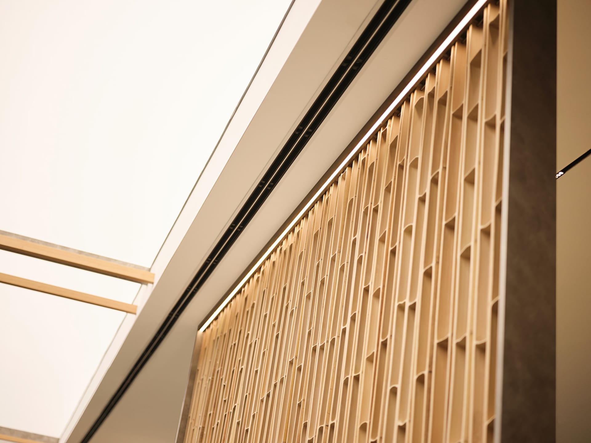 Modern interior design featuring sleek, geometric wooden panels.