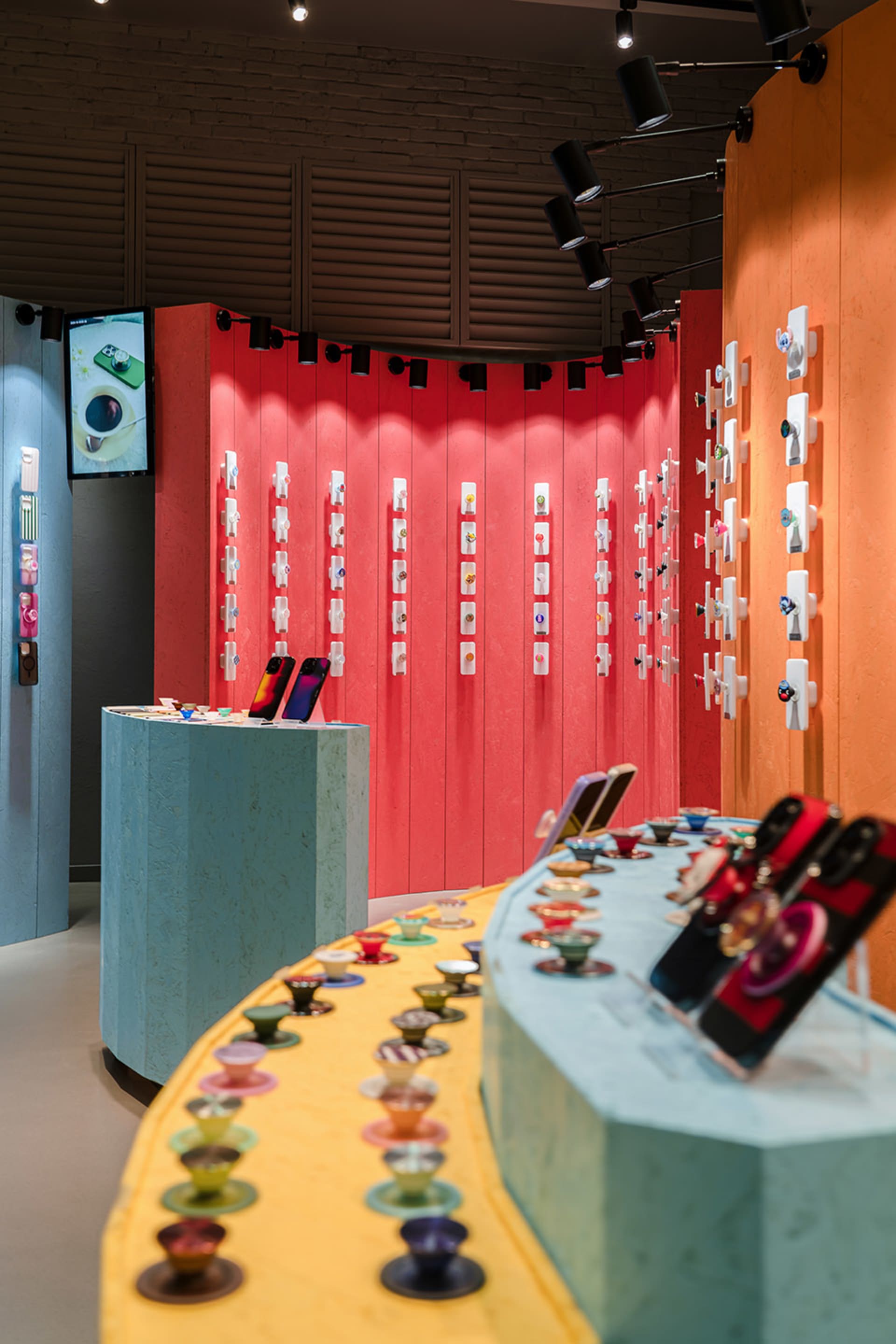 Colorful product displays in a retail space