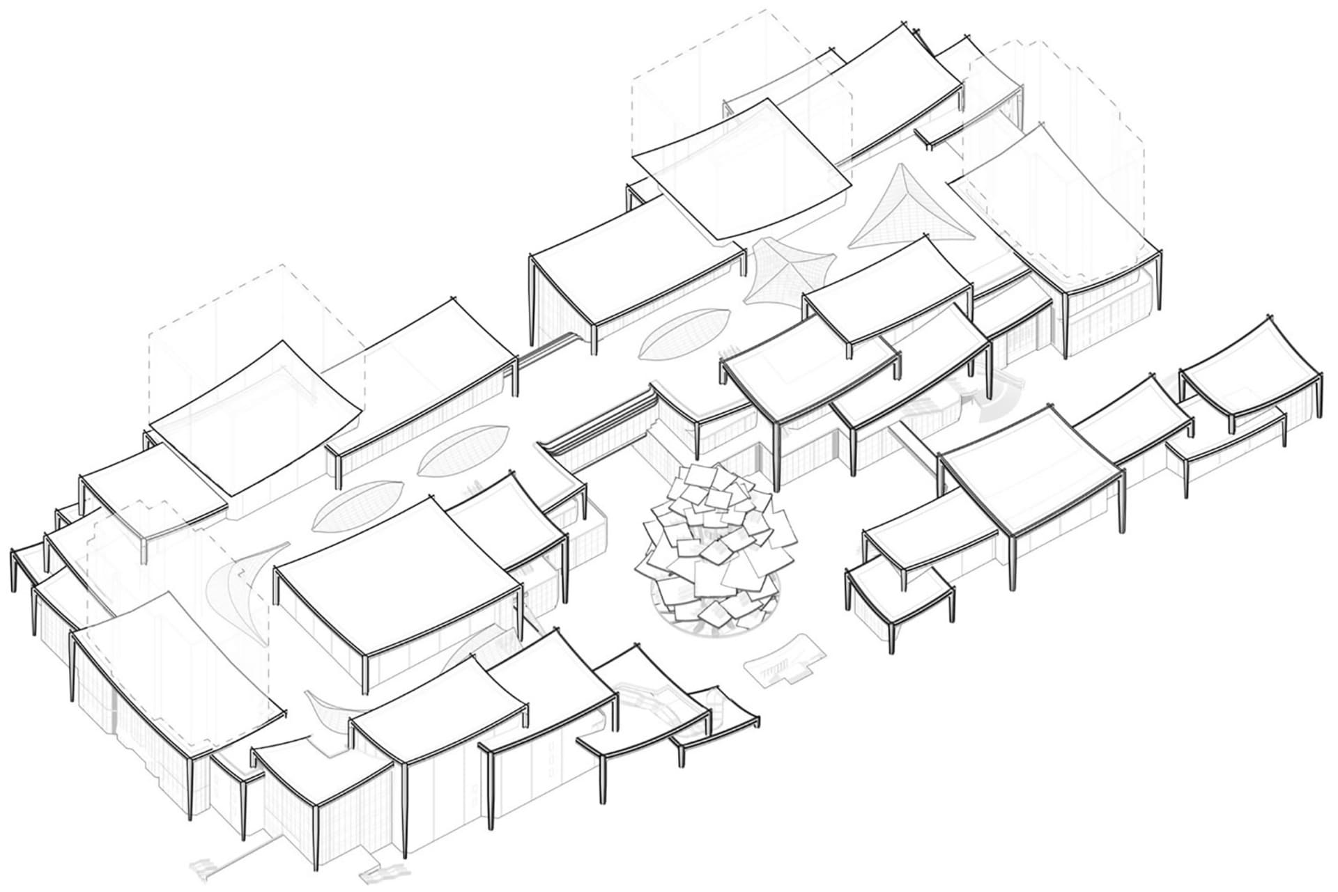 以等角視角呈現一棟建築，屋頂採用布料、金屬與混凝土等多元材質設計。
