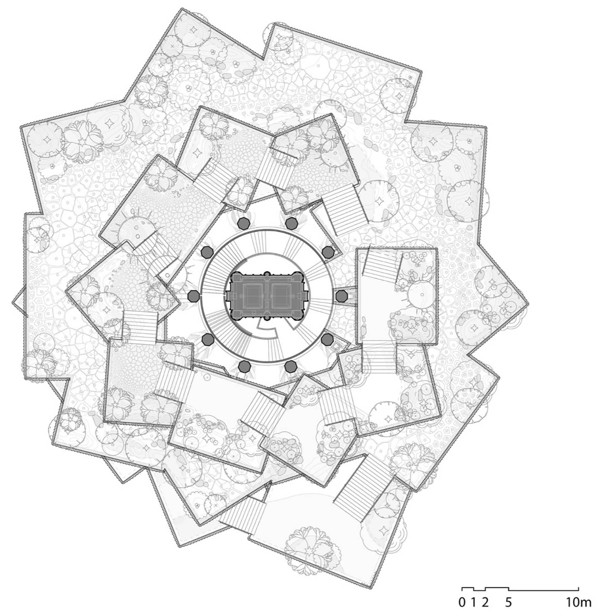 A detailed architectural floor plan of a garden layout with various sections representing different areas and paths.