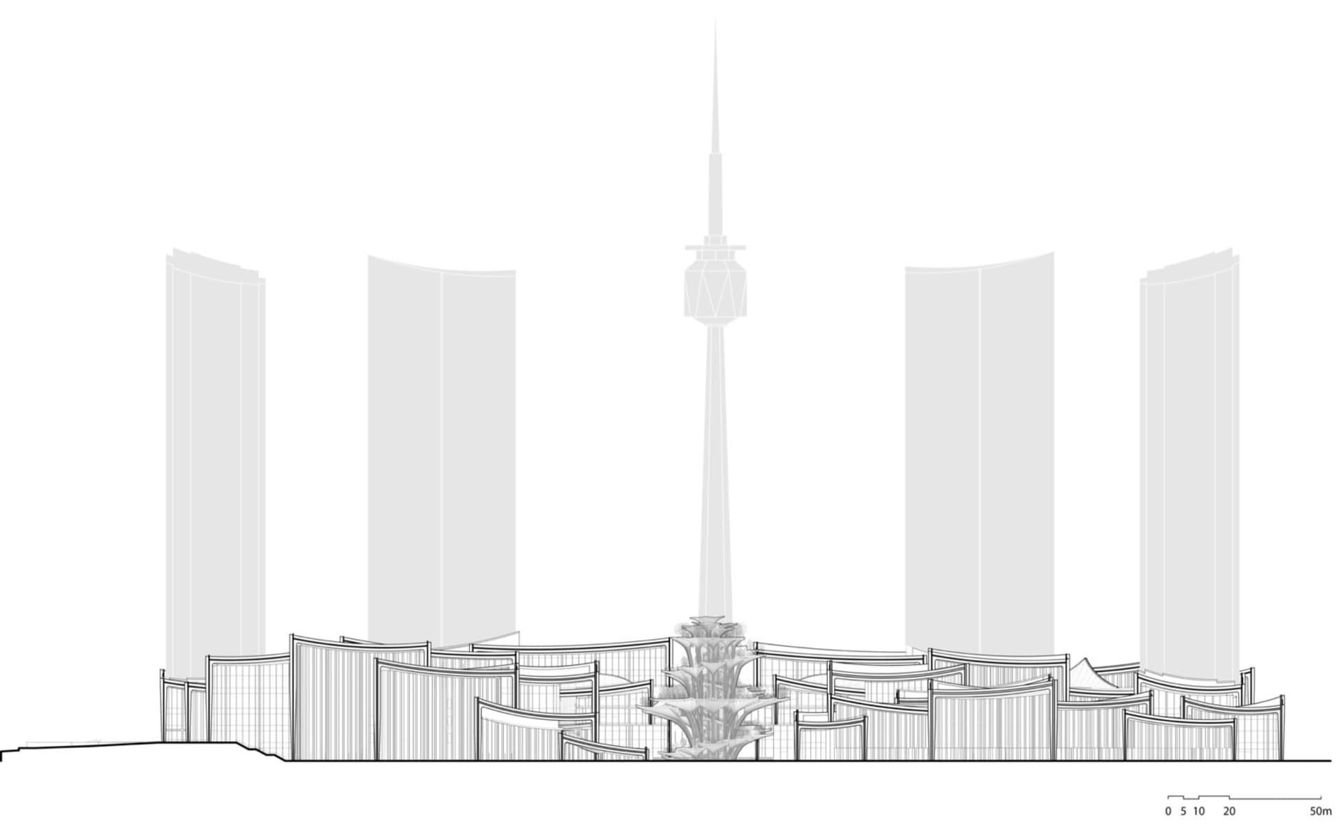 Black and white architectural rendering of an urban landscape viewed from an aerial perspective.