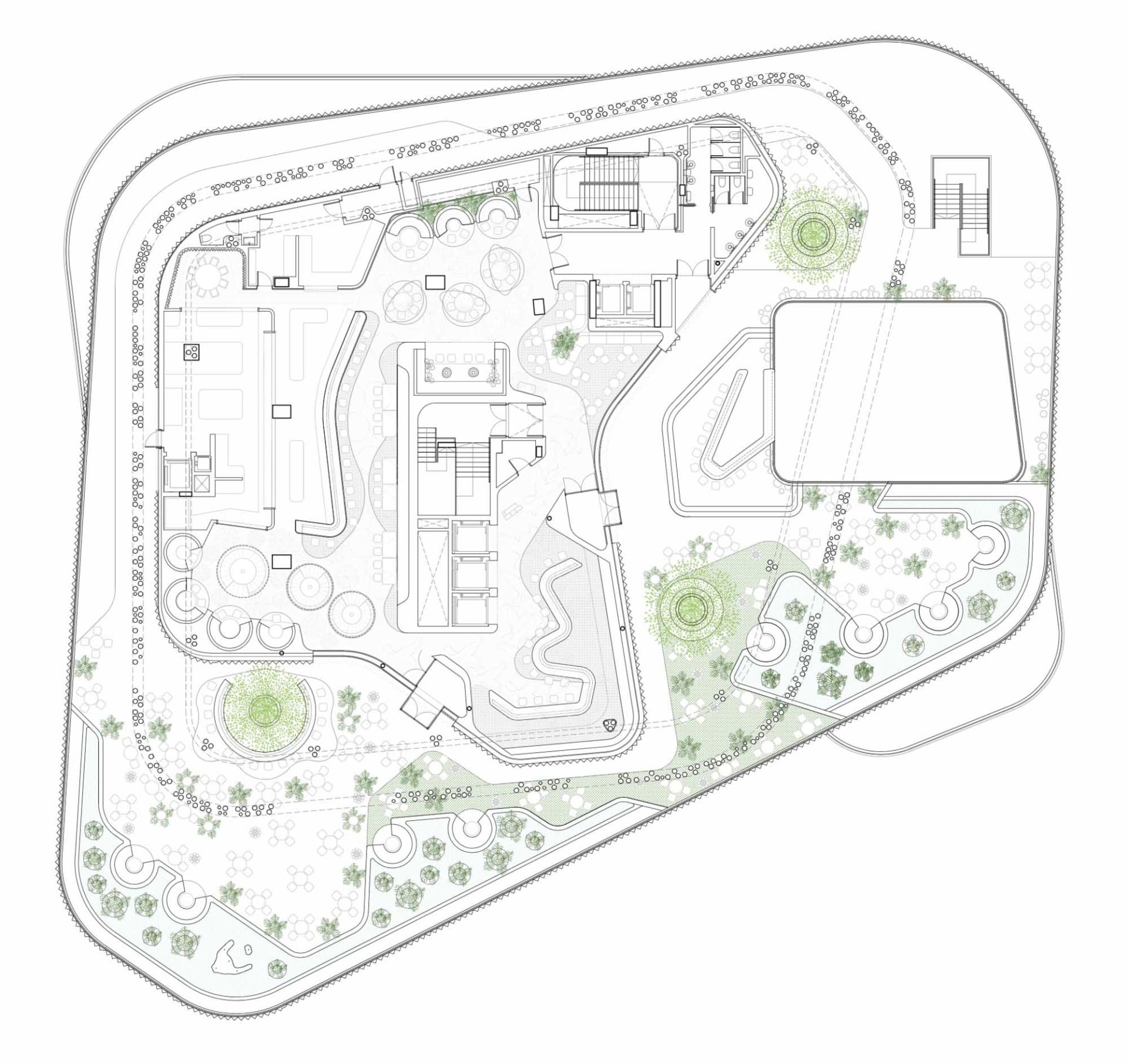現代辦公室空間的詳細建築平面圖,包含多個功能區域與空間。
