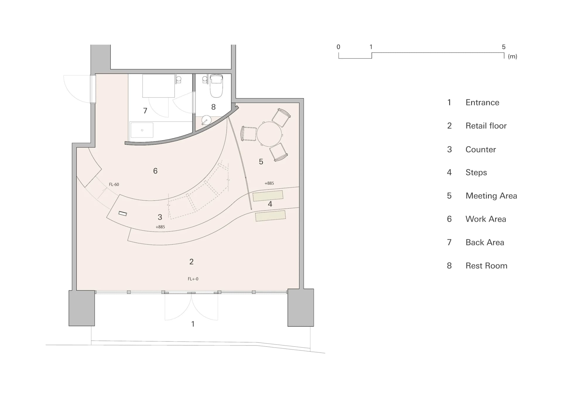 Floor plan of a retail space with concrete and glass materials, featuring a counter, steps, meeting area, work area, back are