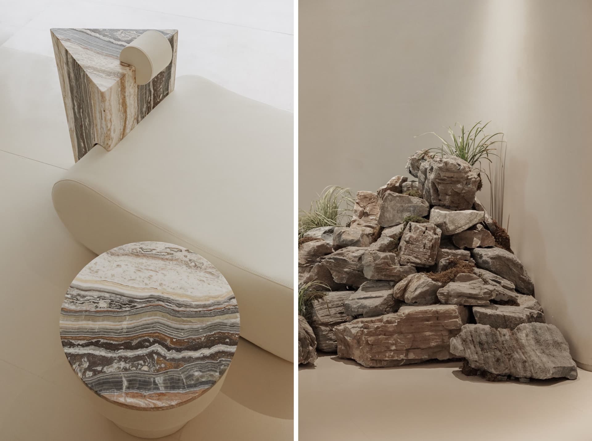 極簡室內設計，搭配奶油色水磨石面 Ottoman 腳凳與邊桌，周圍擺放天然石塊