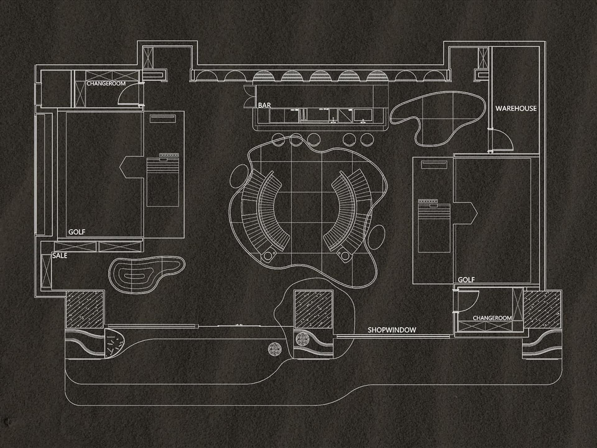The floor plan of a modern retail storefront, showcasing various functional and aesthetic zones.