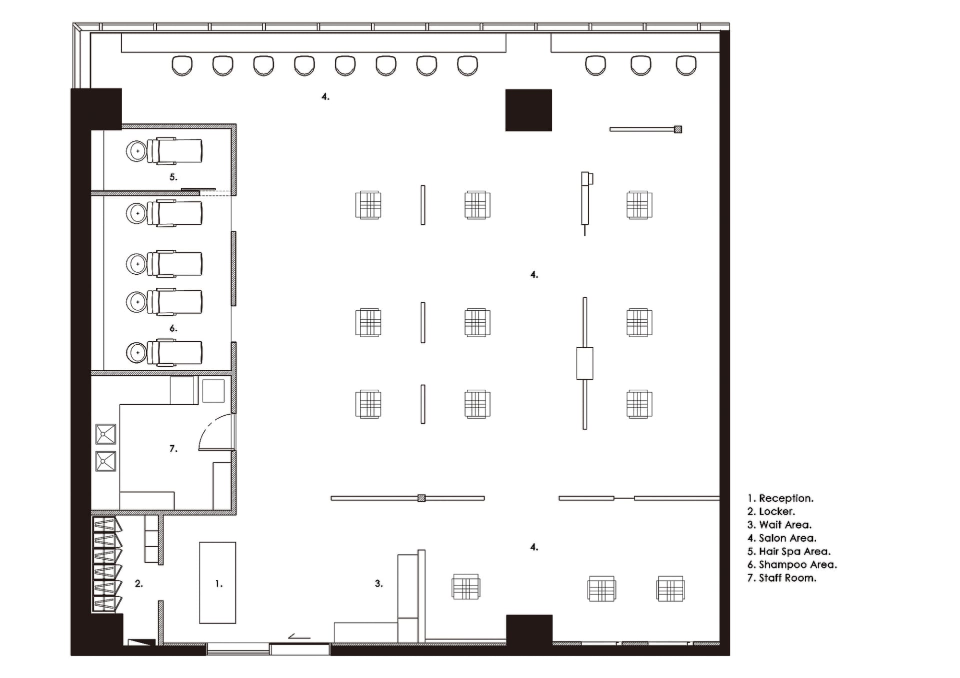 Floor plan of a modern hair salon with a reception desk, locker room, waiting area, salon stations, hair spa and shampoo area