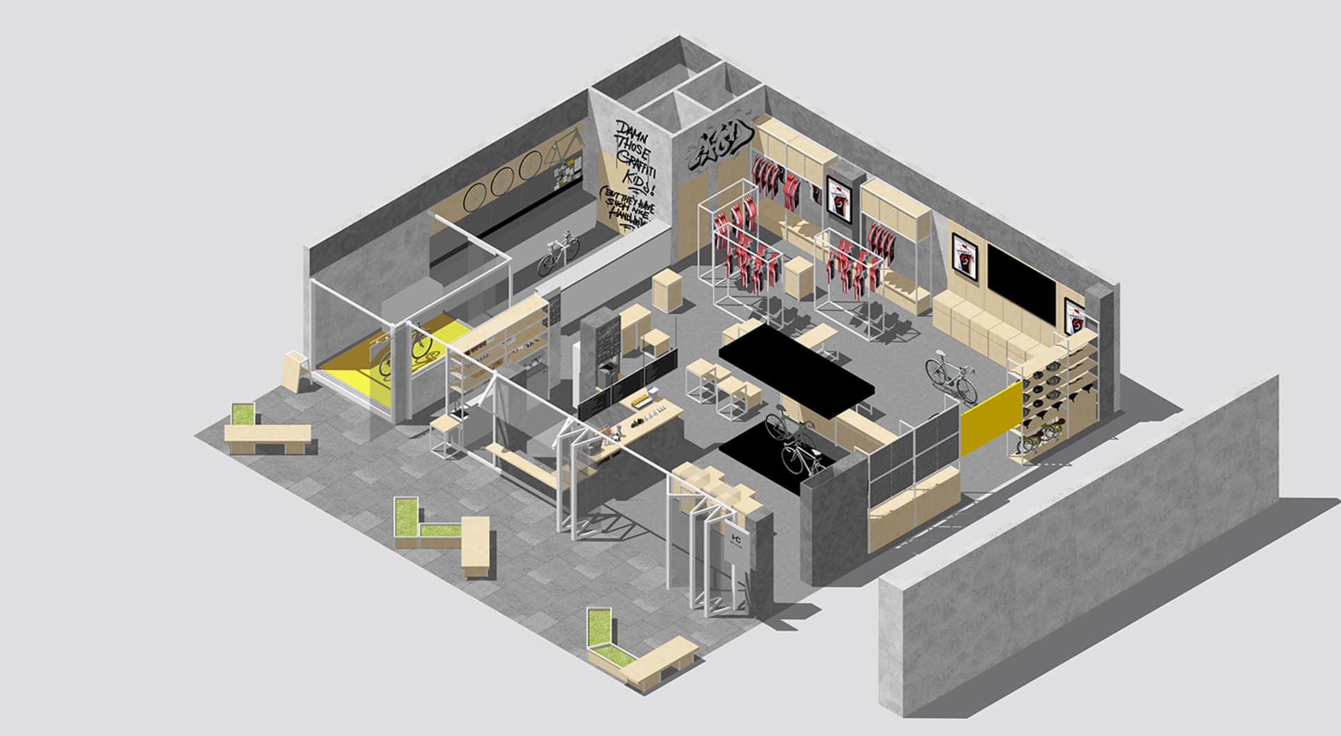 工業風零售店的3D渲染圖，採用混凝土地板與極簡設計。