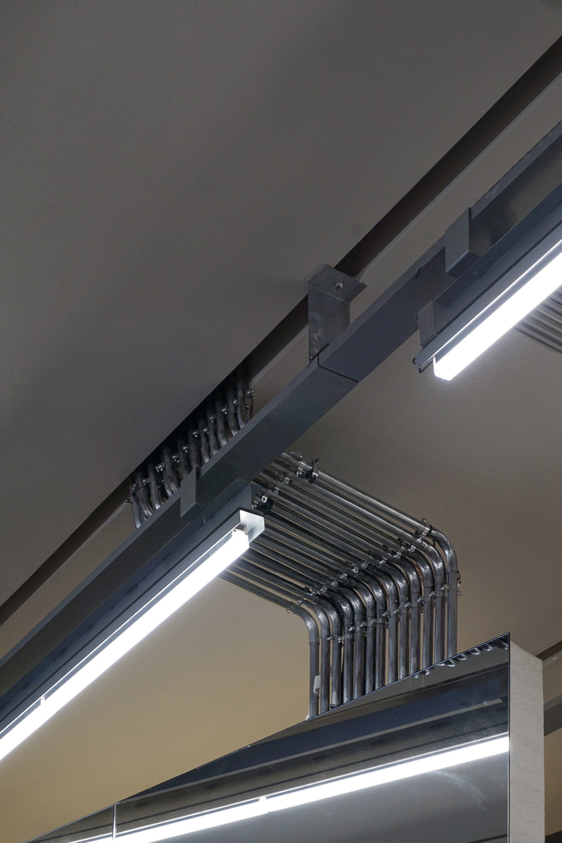 Metal trusses in an industrial office setting