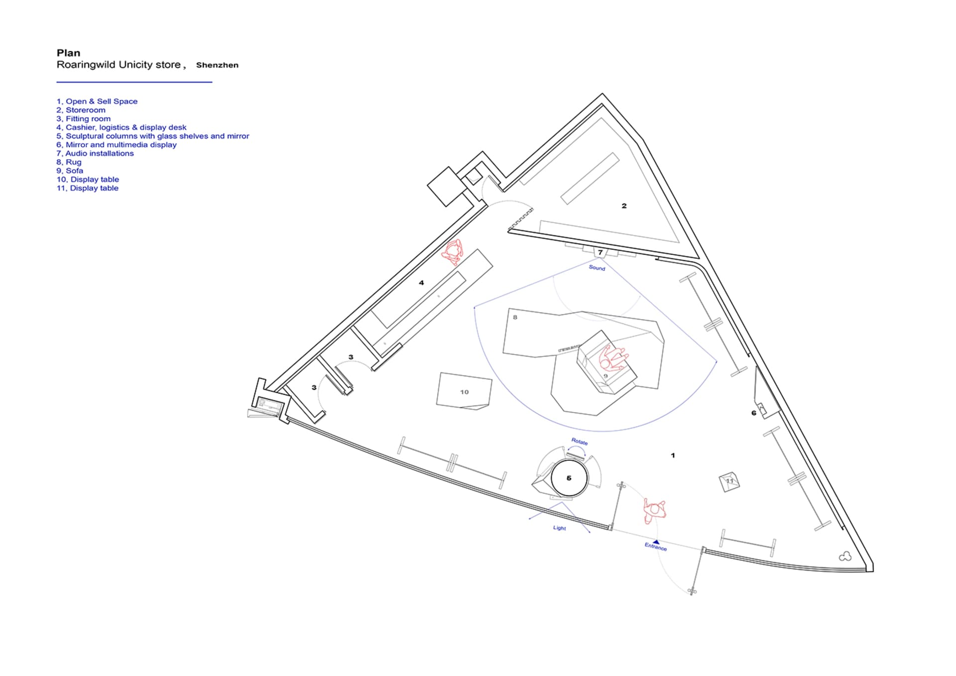 Floor plan of the Roaringwild Unicity Store in Shenzhen with labeled spaces such as Open & Sell Space, Storage Room, Fitting