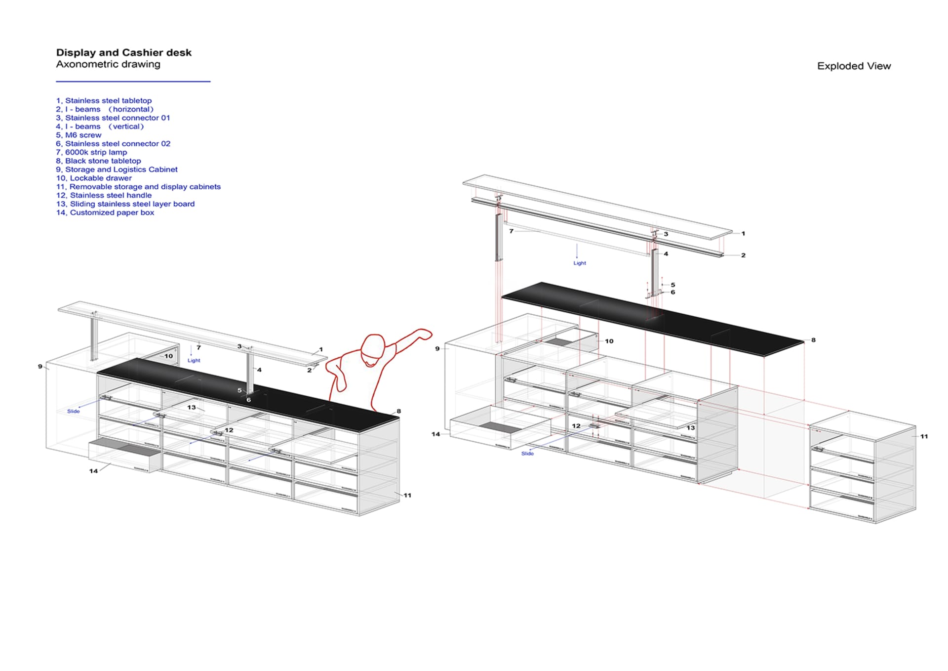 Axonometric drawing of an industrial display cabinet structure with metal materials, showing horizontal beams and vertical be