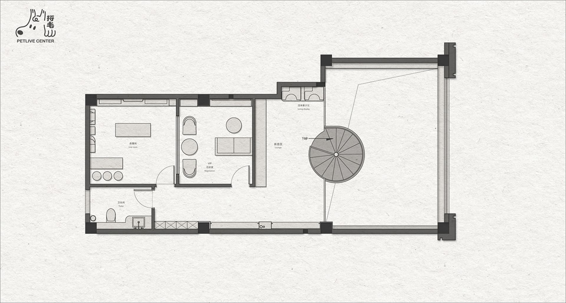 Grey-scale architectural drawing of an office space with a central lobby and various functional zones.