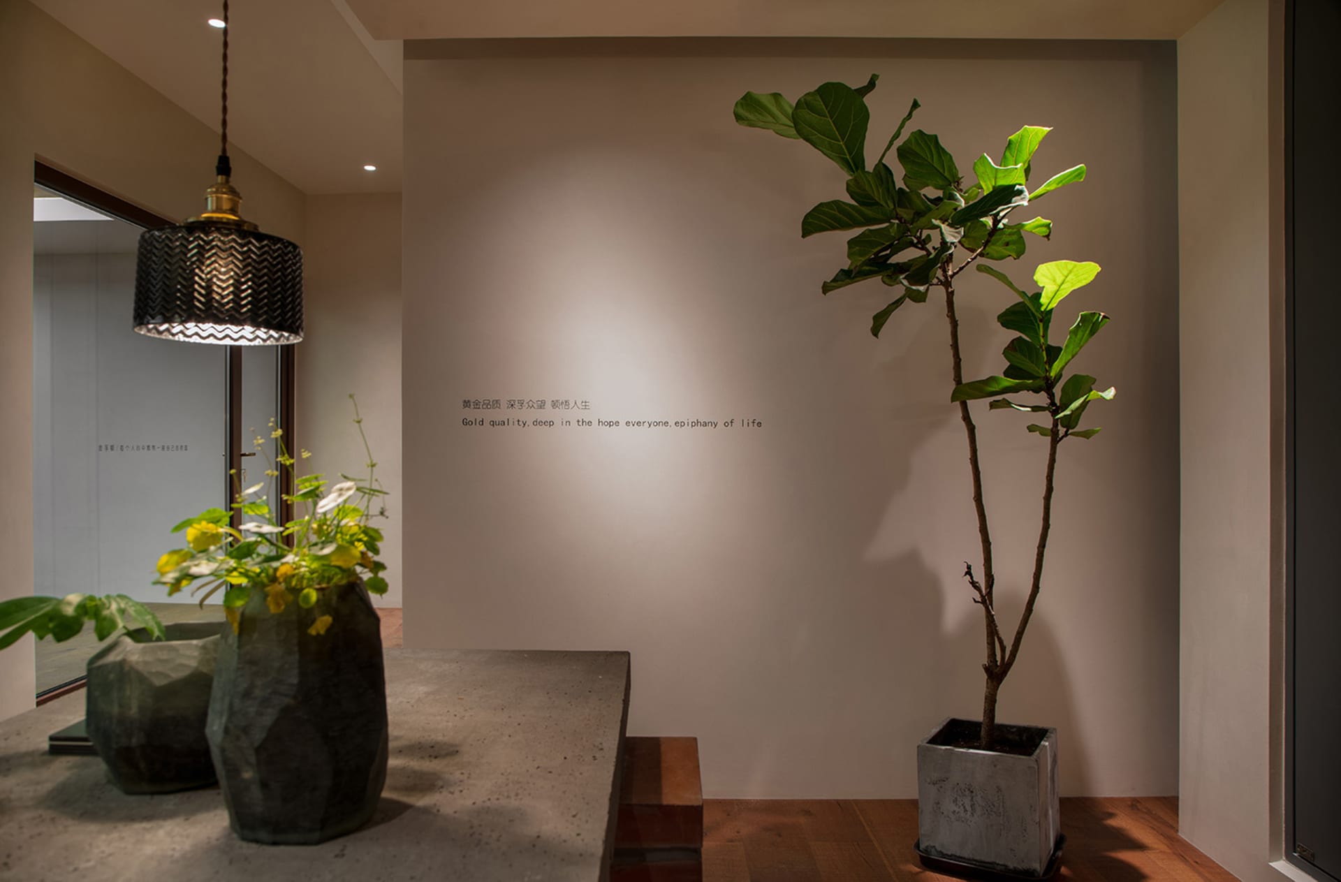 Concrete planter with green plant in a modern interior design setting.
