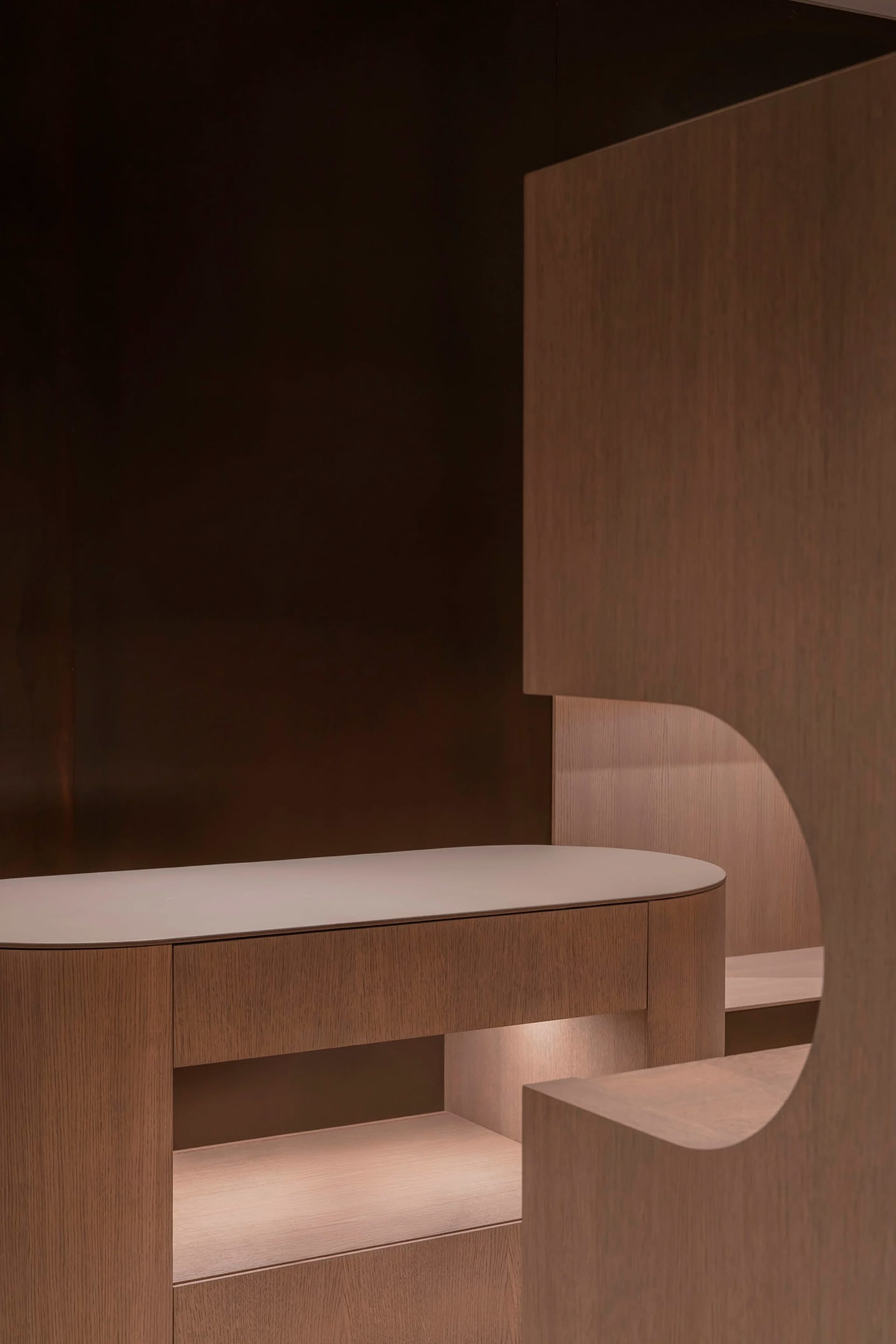 Modern interior design featuring wooden furniture.