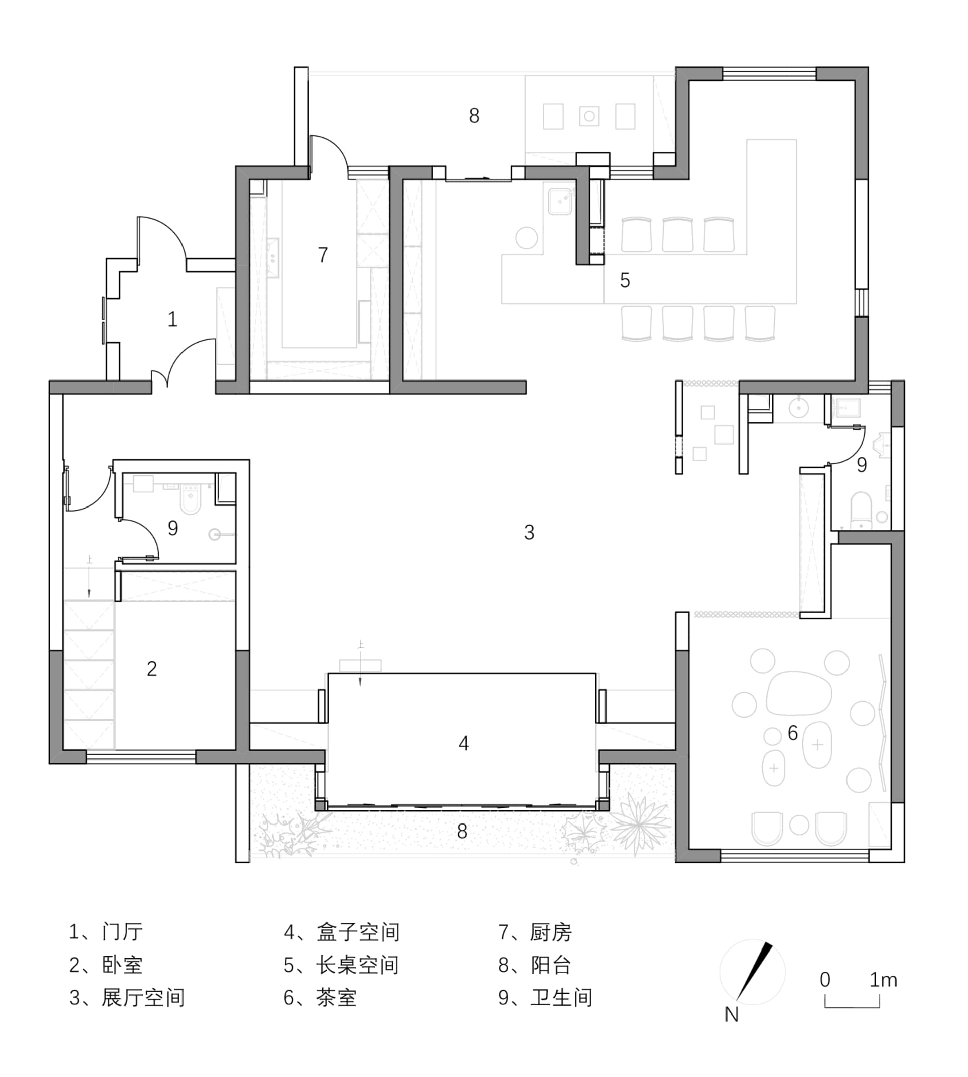 現代住宅空間配置,整合廚房、客廳與餐廳區域。