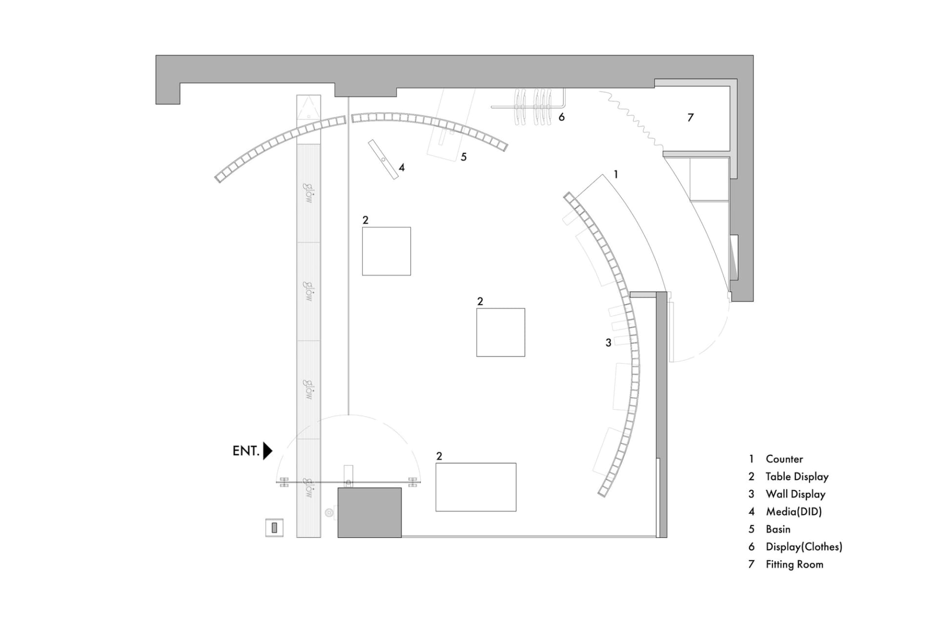 Retail display floor plan with designated areas for counter, table display, wall display, media, basin, clothing display, and