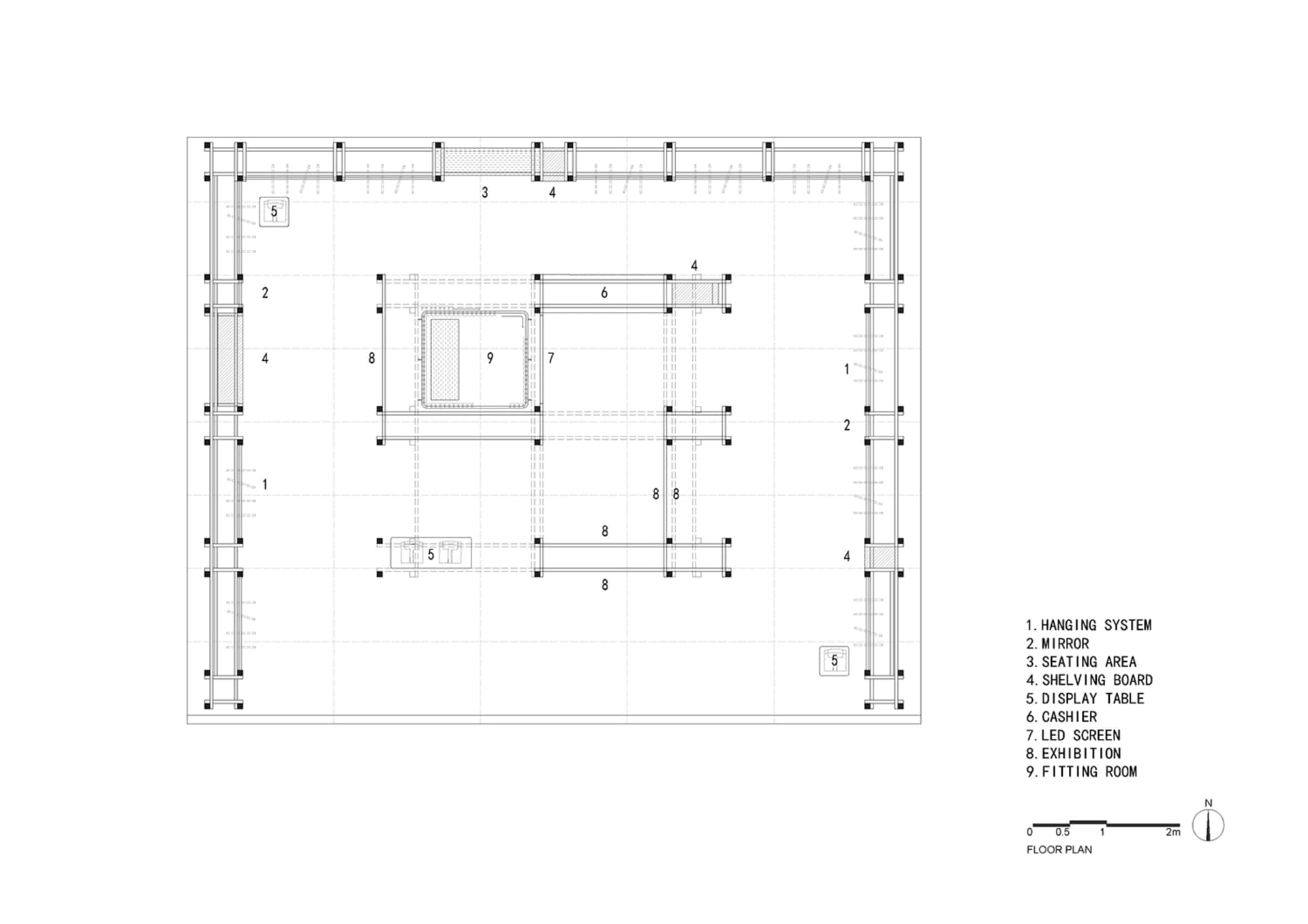 一張現代零售空間的詳細建築圖，展示混凝土地板與格線式布局。