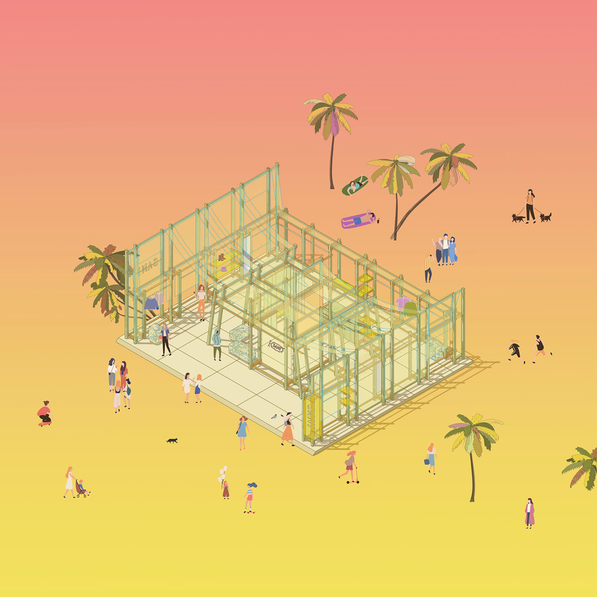 Illustration of an outdoor space with transparent steel beams and glass walls