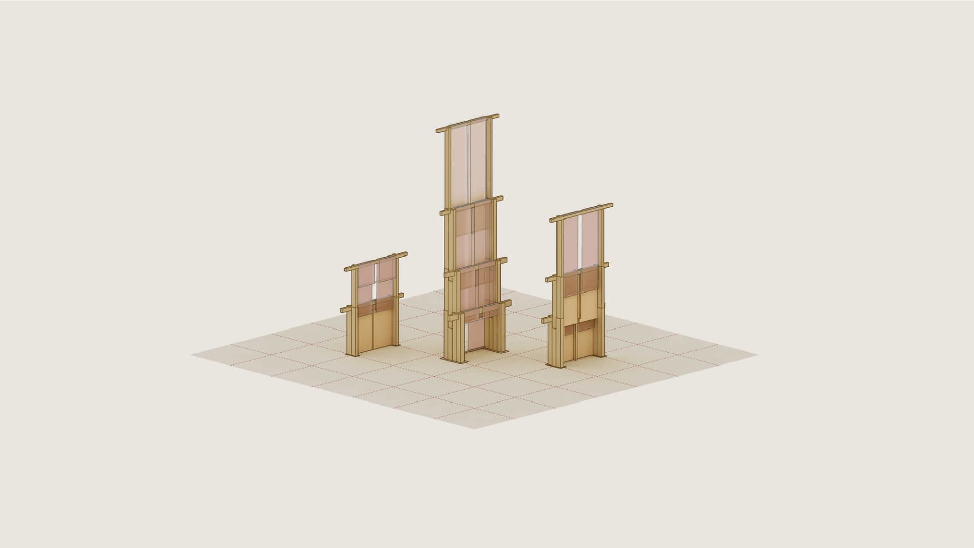 Three elevator shafts with wooden construction material.