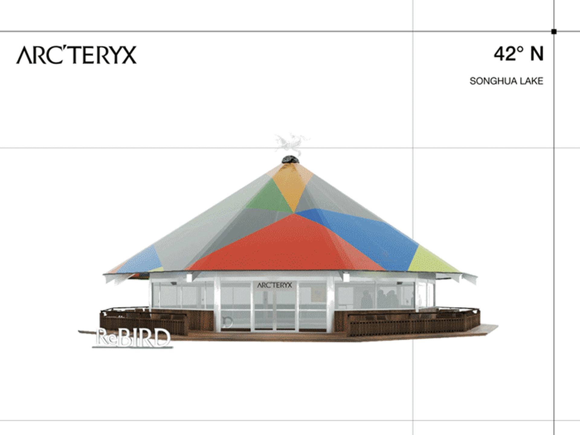 Retail storefront design featuring a colorful, geometric roof and glass entrance
