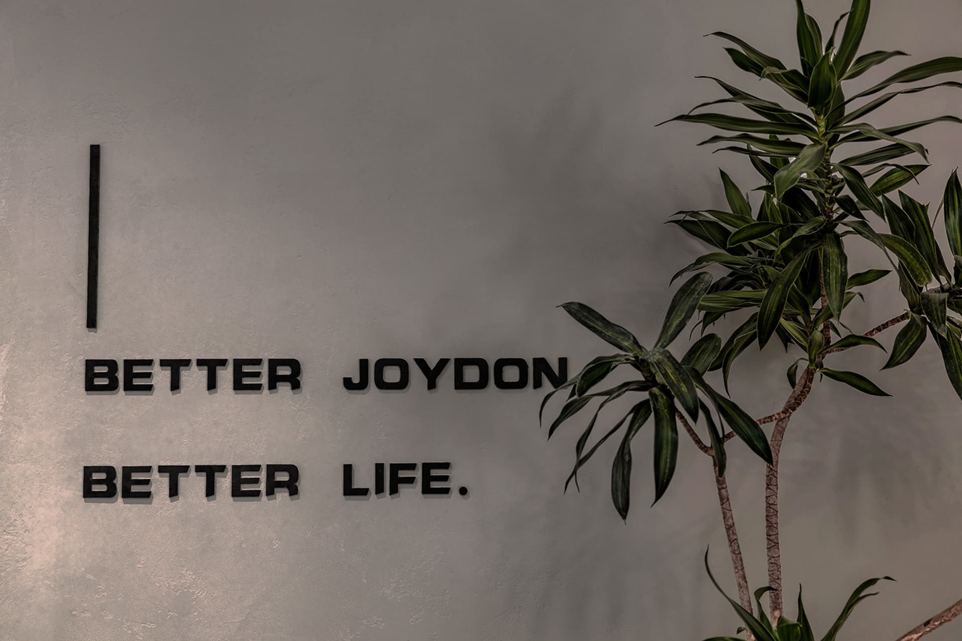 Black metal alphabet letters spelling 'better joydon better life' mounted on a textured white wall