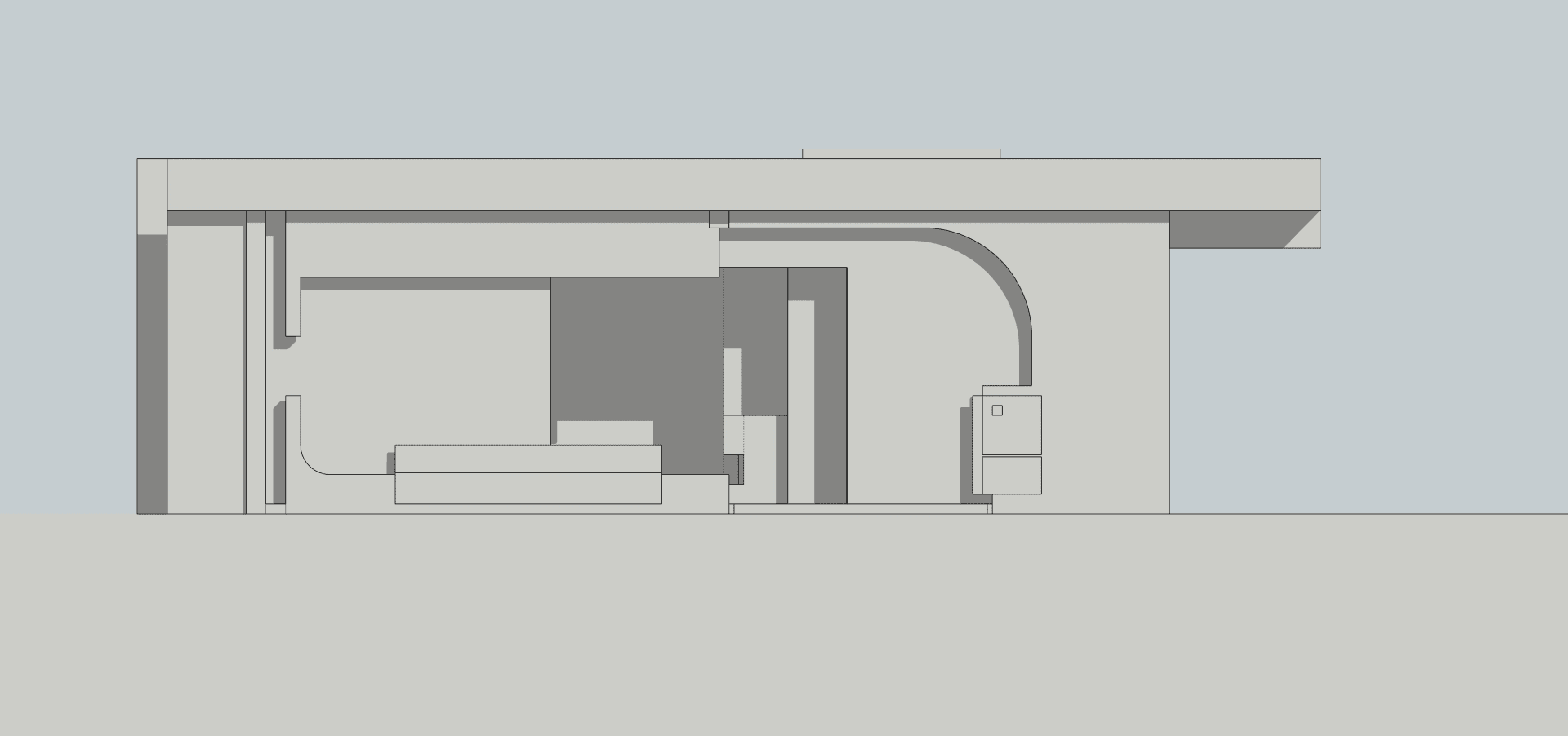 A 2D architectural drawing depicting a modern residential interior with concrete finishes.