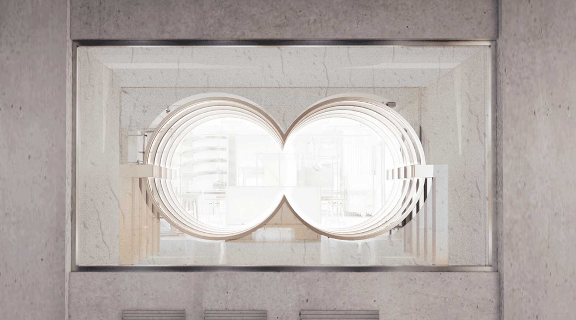 Concrete storefront with circular design elements.