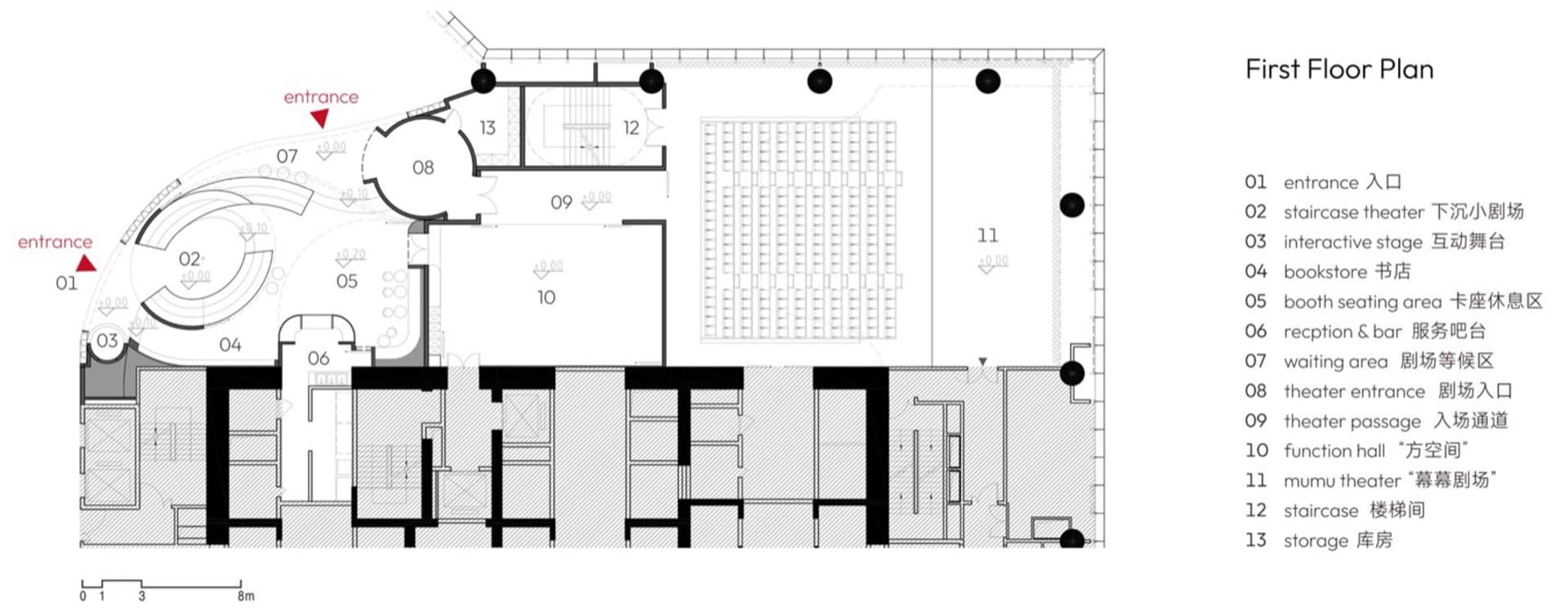 First Floor Plan of a modern theater interior, featuring various functional zones such as entrances, staircases, and seating