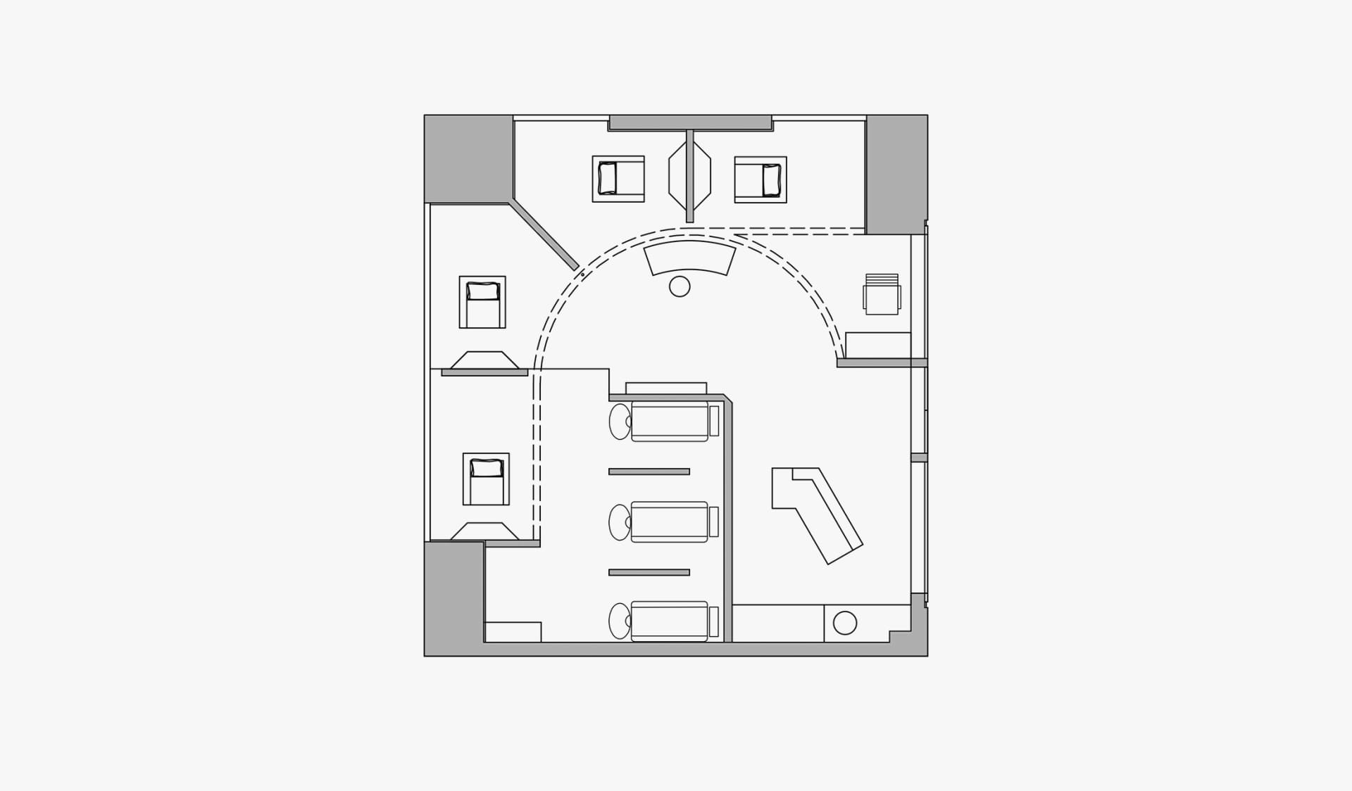 A detailed architectural plan showcasing the layout of an office conference room with various furniture arrangements and func
