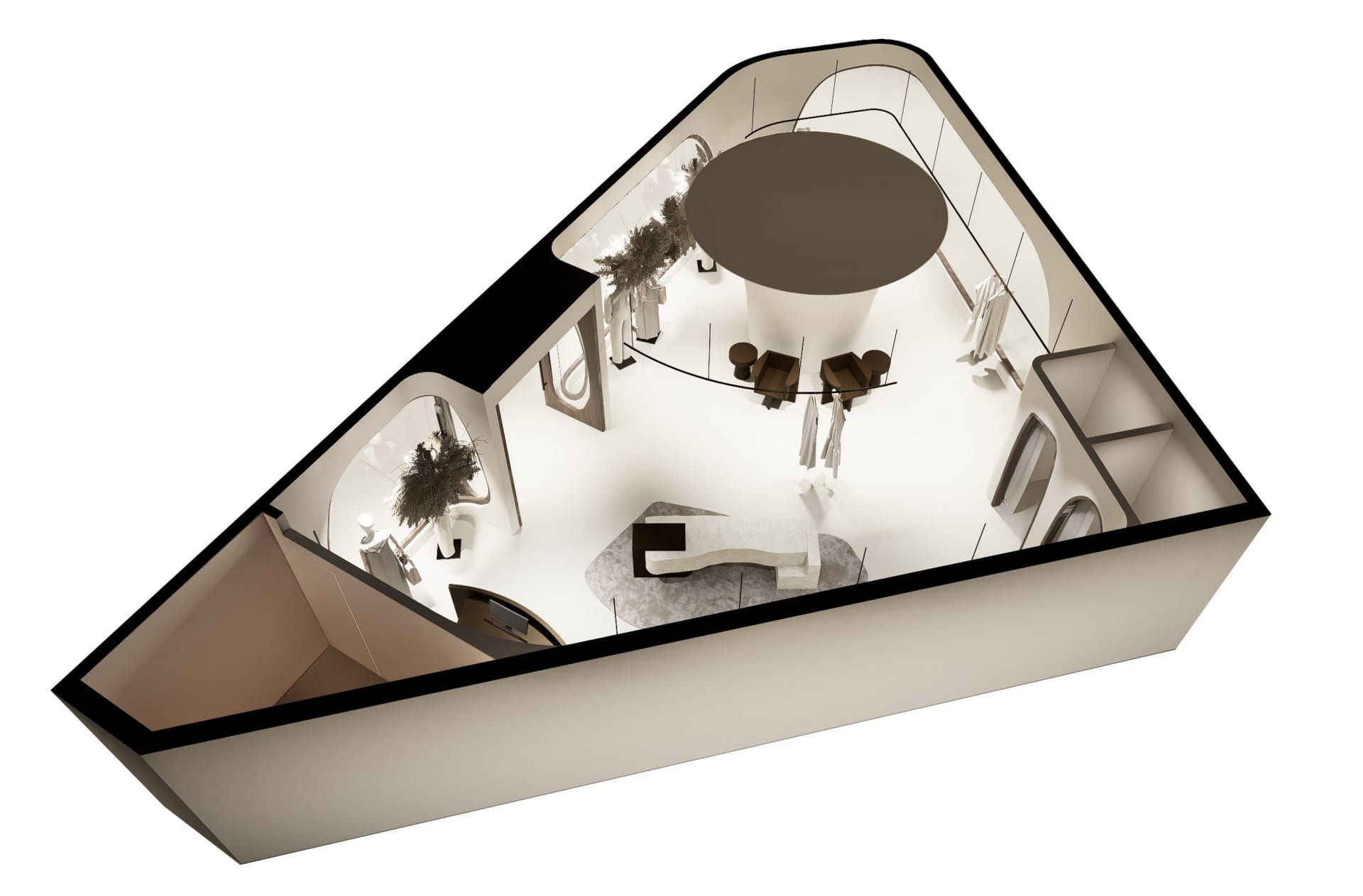 An overhead view of a modern retail space with concrete and minimalist design features.