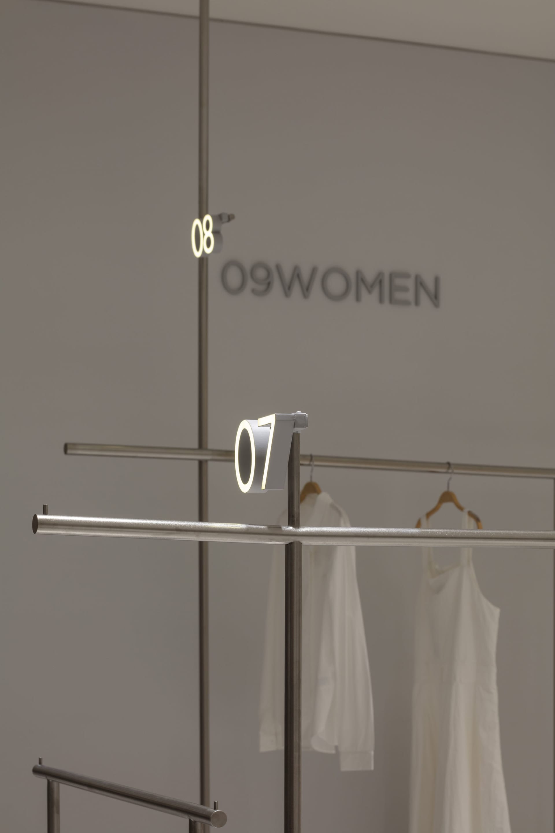 A modern fashion retail display shelf with a number indicating section numbers.