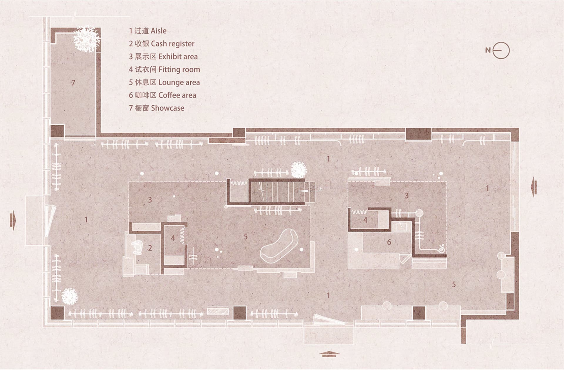 店內空間的2D建築圖，標示各功能區域。