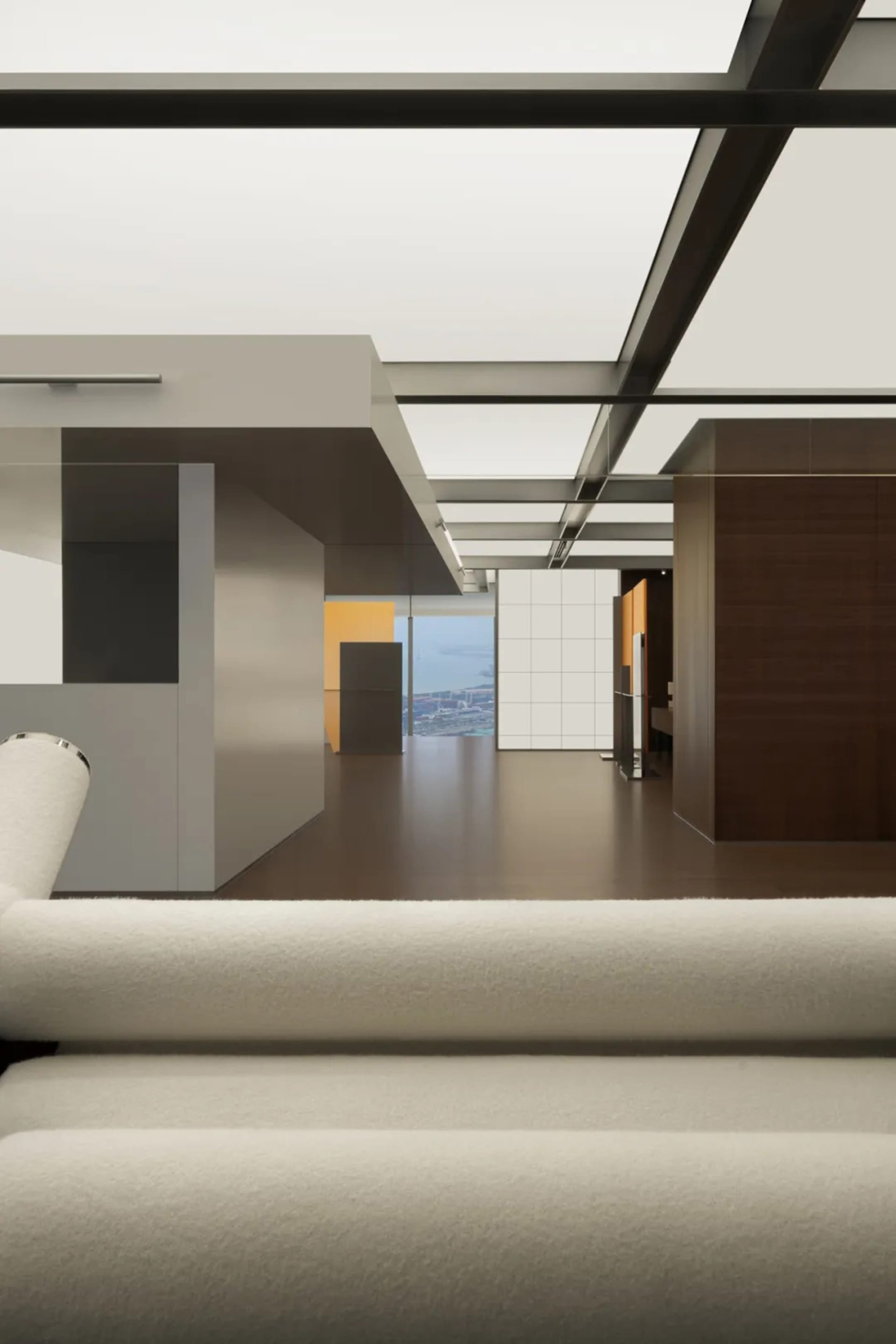 Modern office space featuring glass, metal, and wood materials.