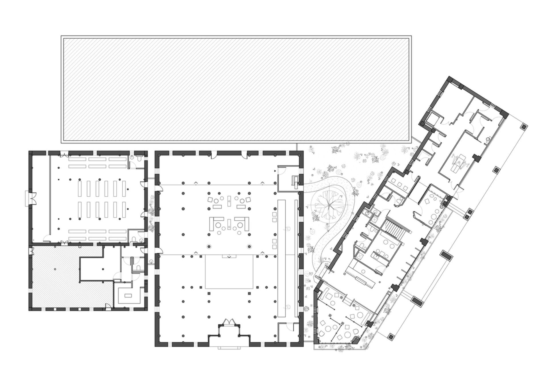 A detailed 2D architectural drawing of an office building, showing floor plans and structural elements.