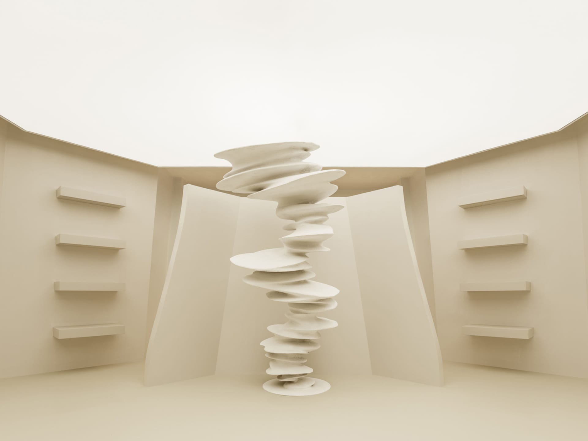 A minimalist abstract sculpture made of plaster.