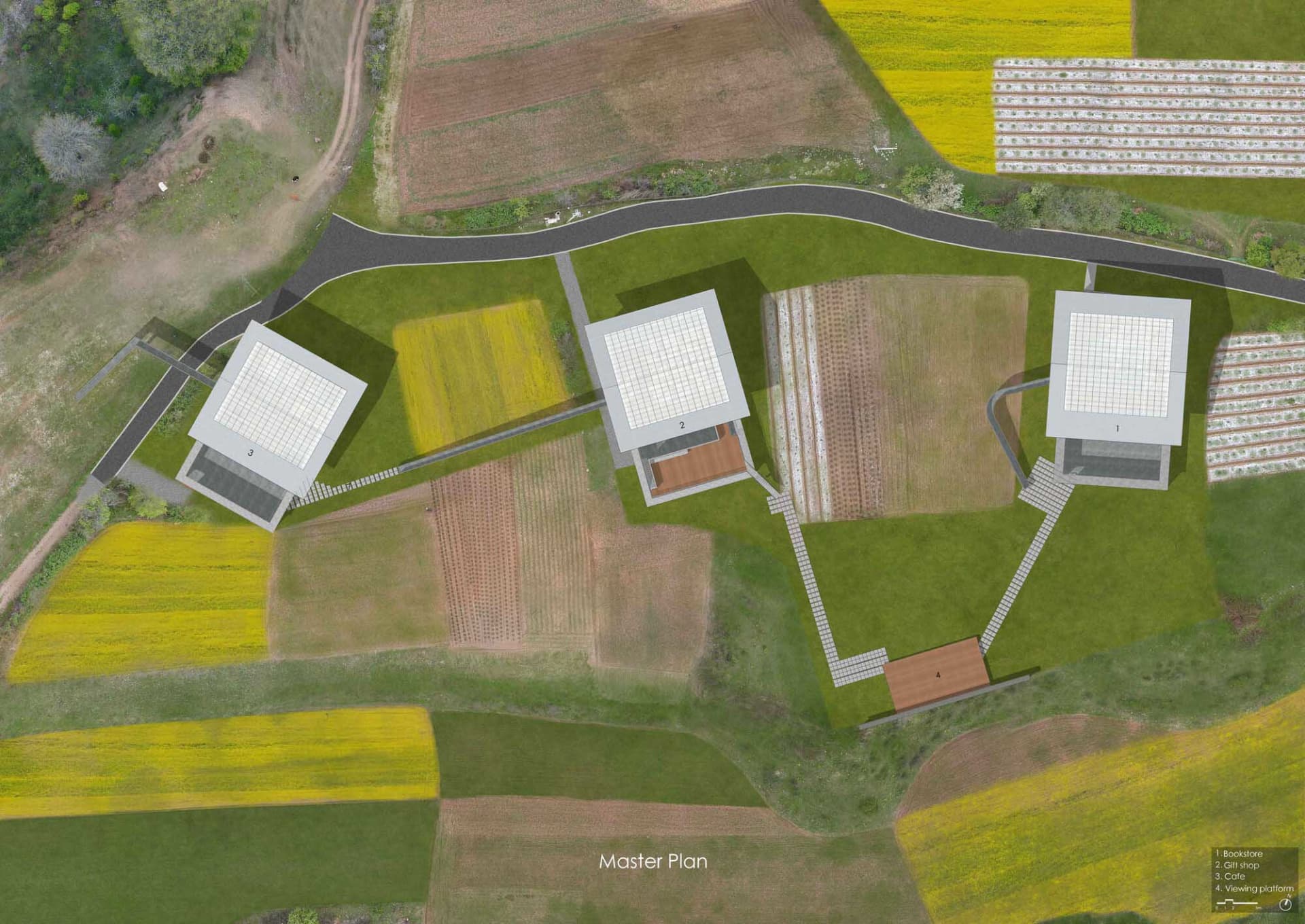 An aerial view of a farm site plan with buildings, pathways, and fields indicates a master plan for agricultural development.