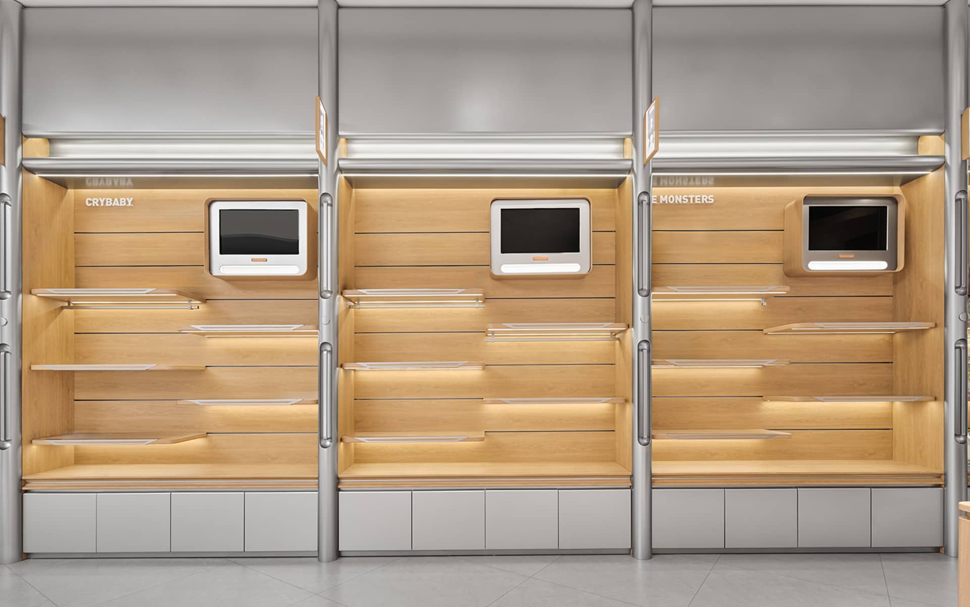 An empty retail storefront with a modern design featuring wood and metal materials.