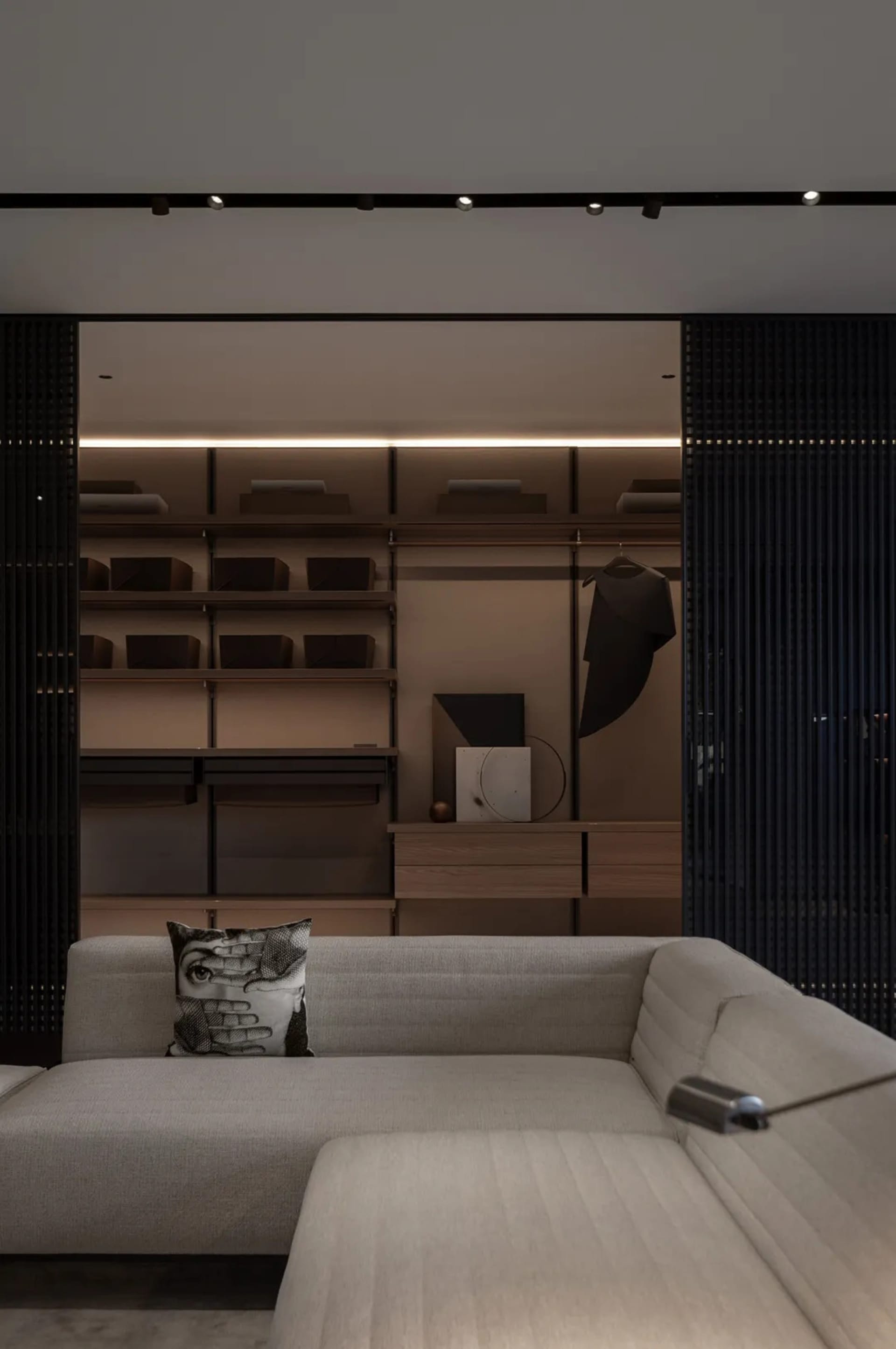 Modern interior design with neutral tones focusing on a closet area.
