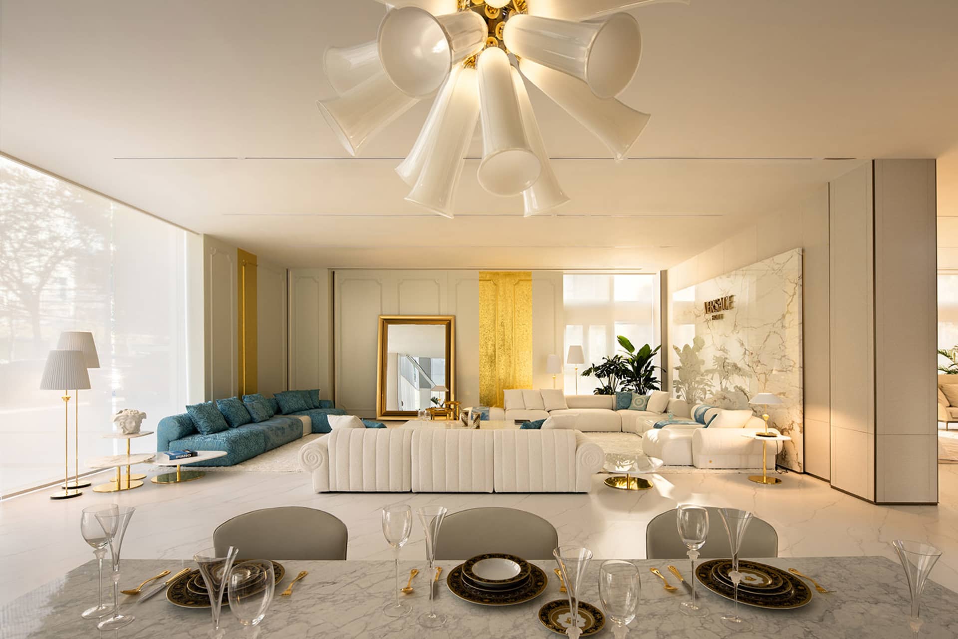 Modern living room with marble flooring and contemporary furniture.