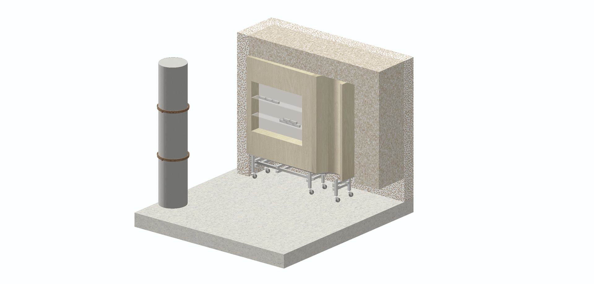 An industrial equipment room with concrete walls and flooring.