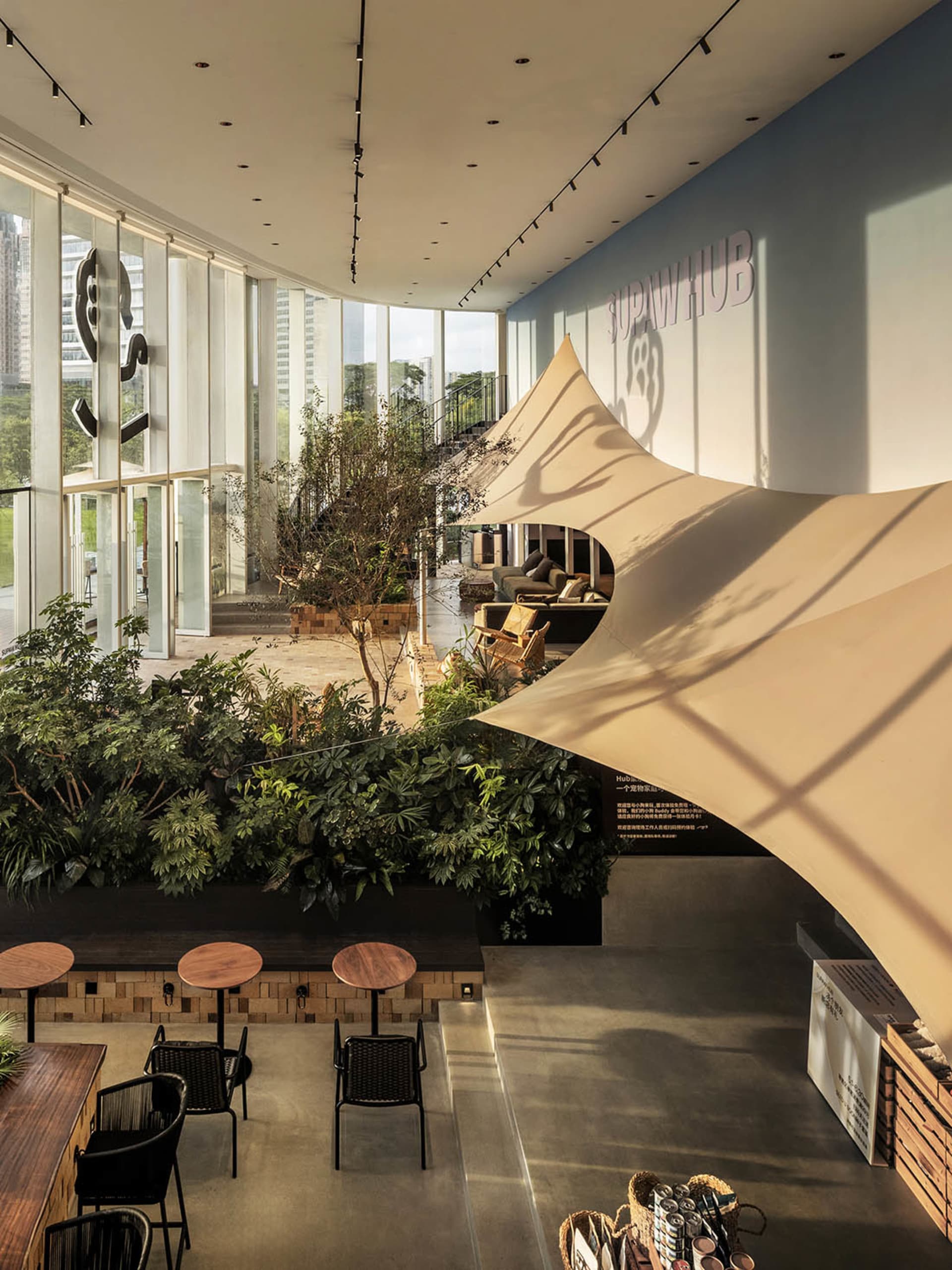 Modern cafe interior with concrete and wood materials