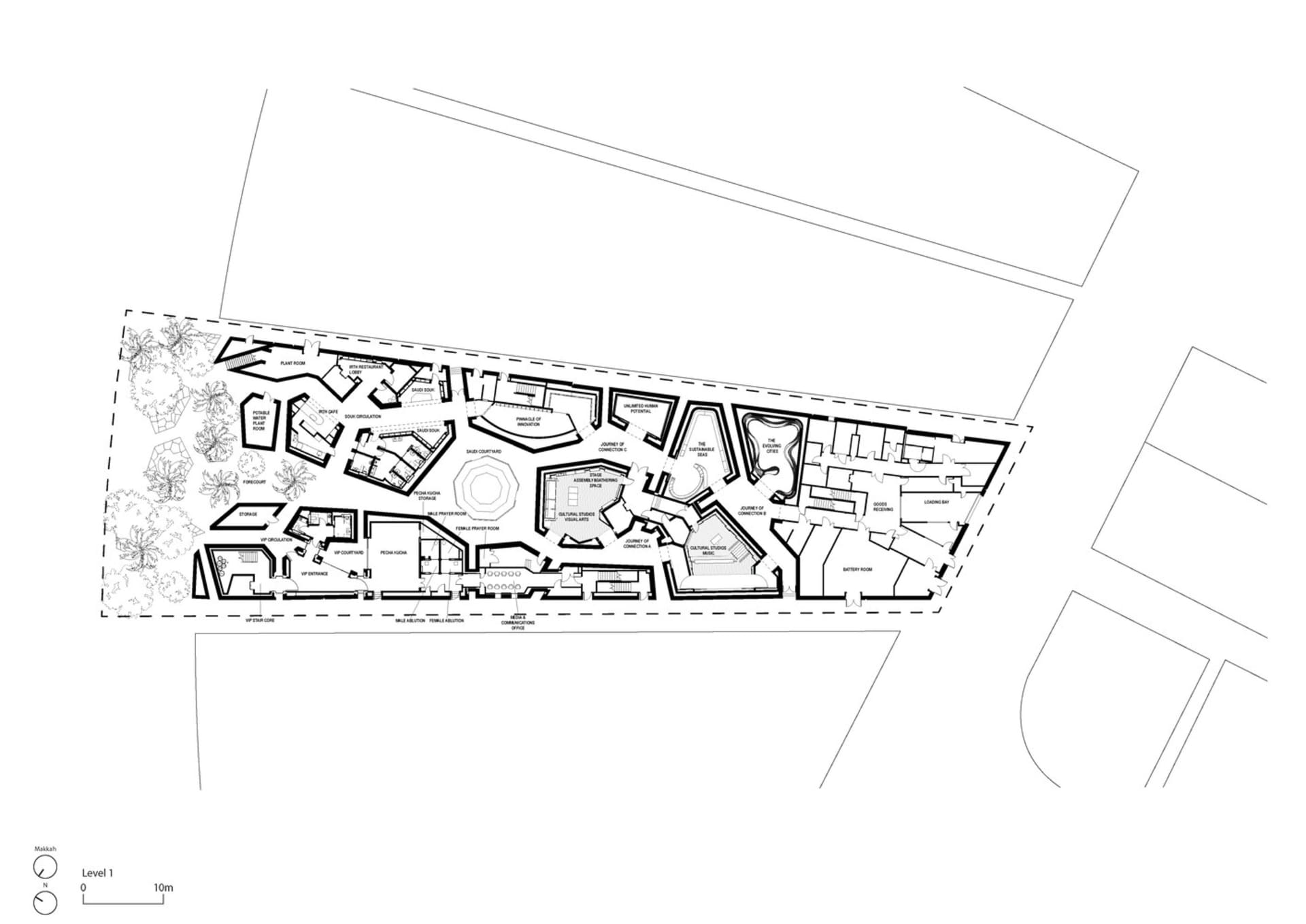Floor plan of a modern commercial building showcasing various rooms and spaces.