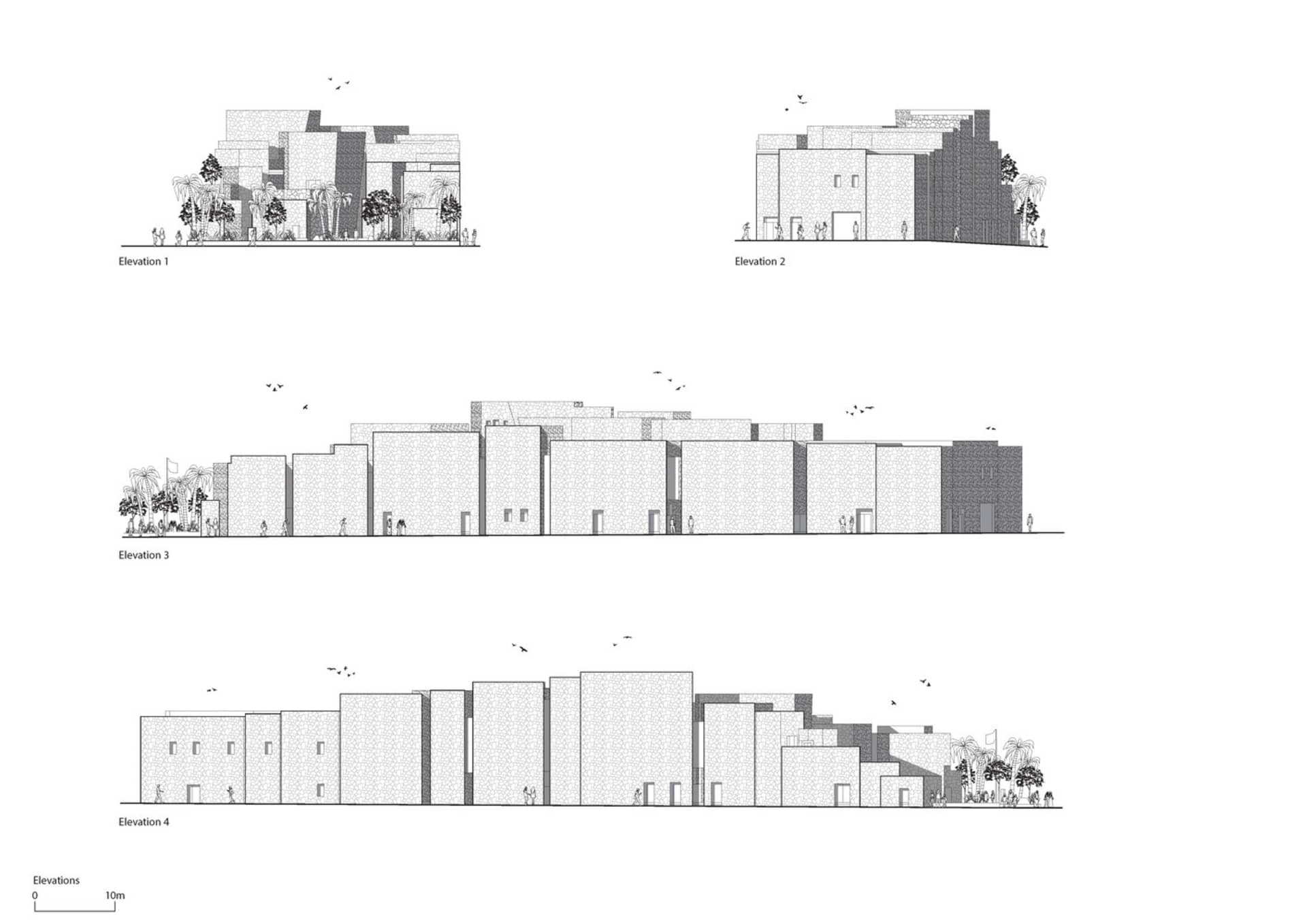Four elevations of a multi-level commercial building showcasing exterior concrete structures with people and birds depicted i