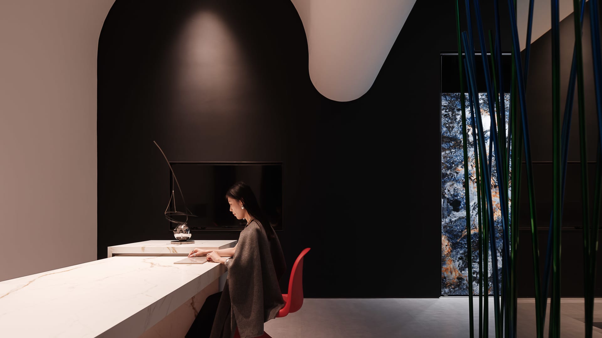 A minimalist interior design featuring a modern bar counter made of marble.