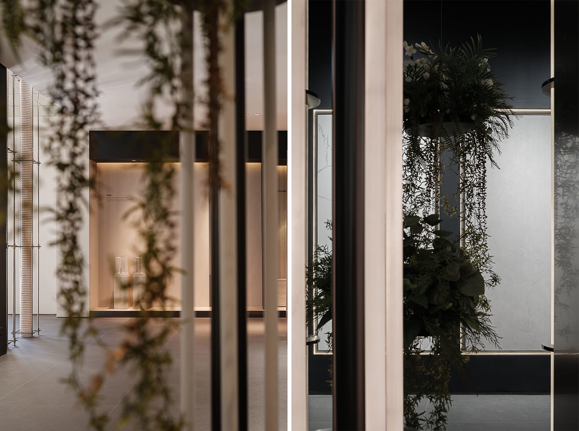 Photographic representation of a modern commercial interior space featuring potted plants.