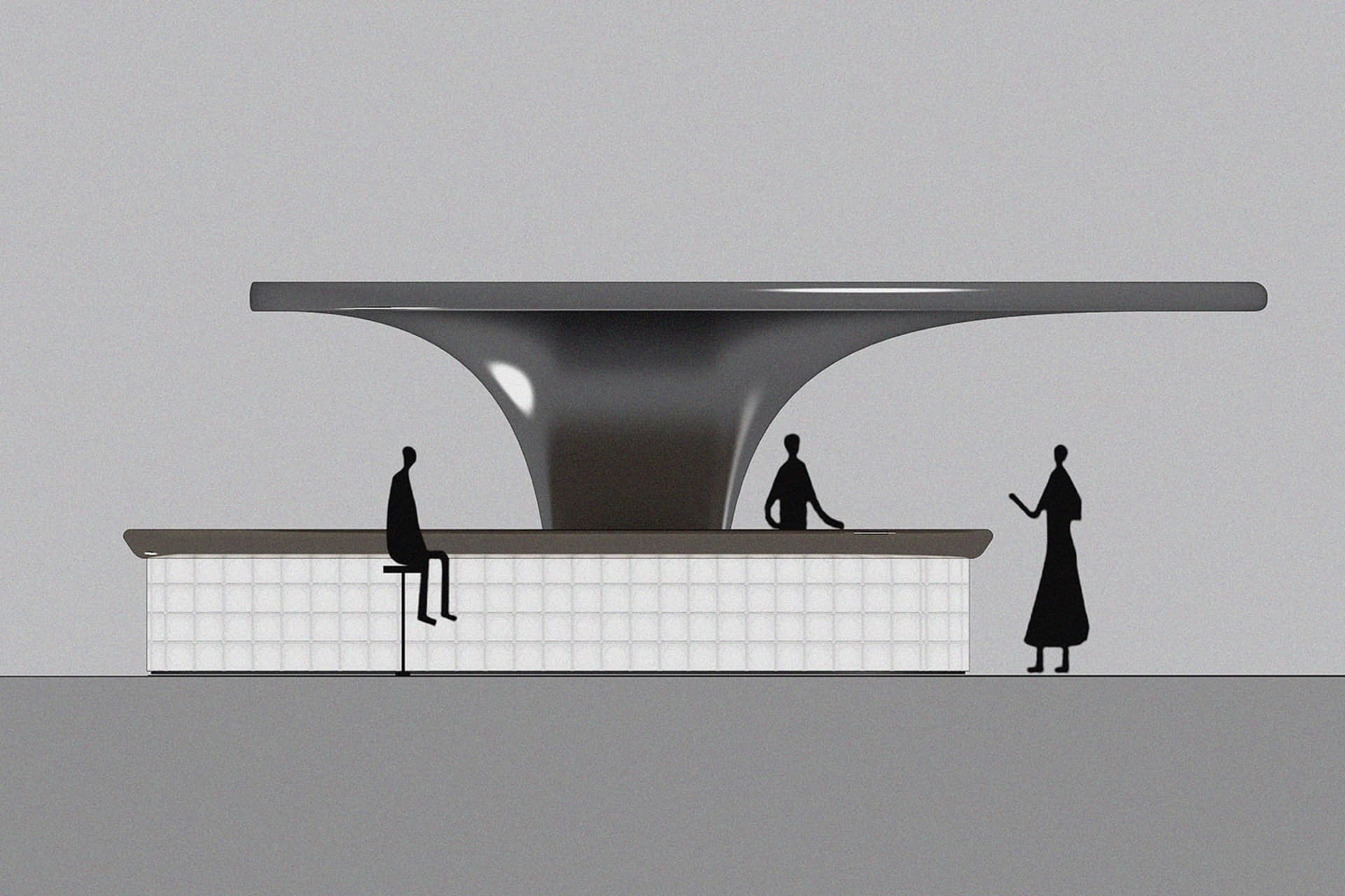 A minimalist modern reception counter showcasing sleek metal design features.
