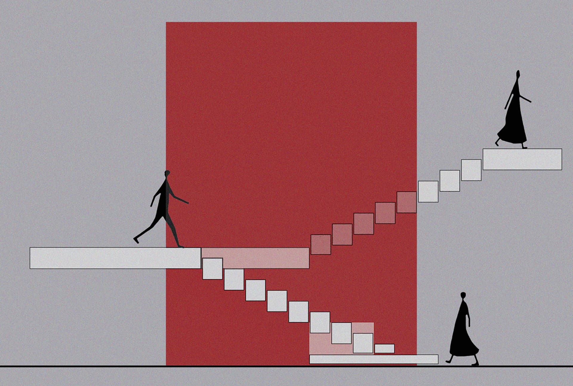 Black and white abstract paper cut-out illustration of a person walking on stairs.