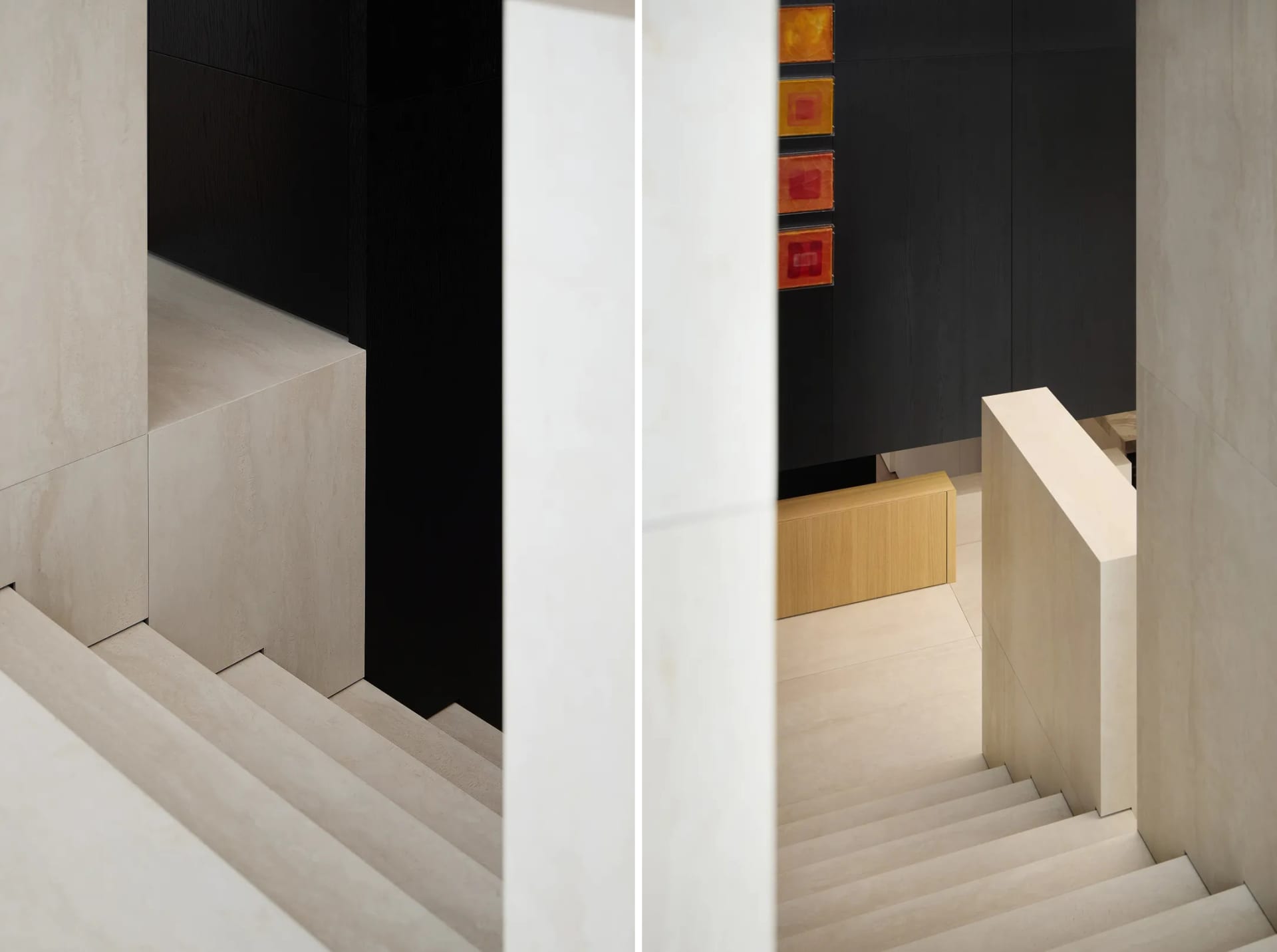 Concrete stairs with a modern aesthetic, accompanied by wooden cabinets.