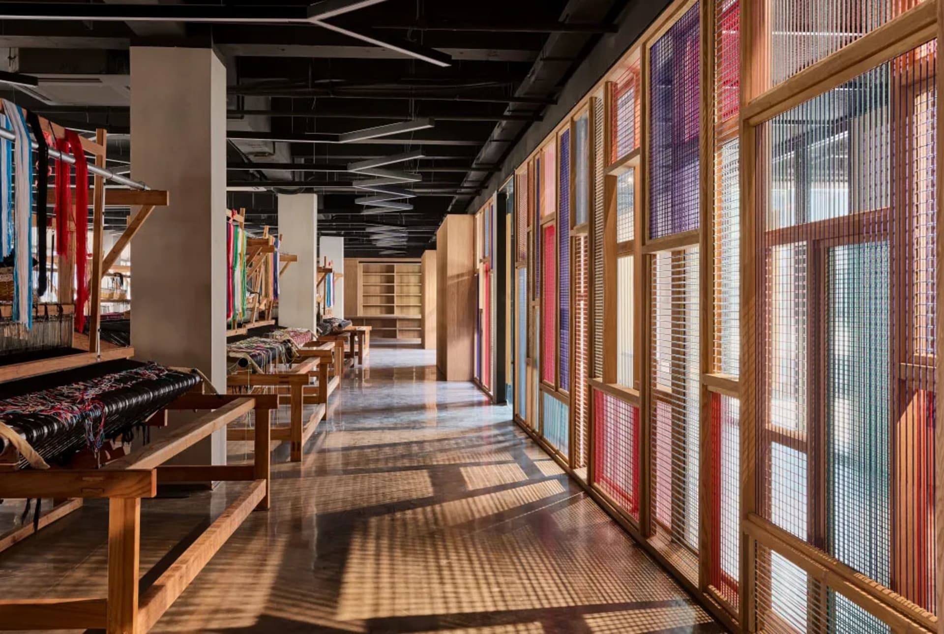 An industrial-style interior design featuring wood elements.